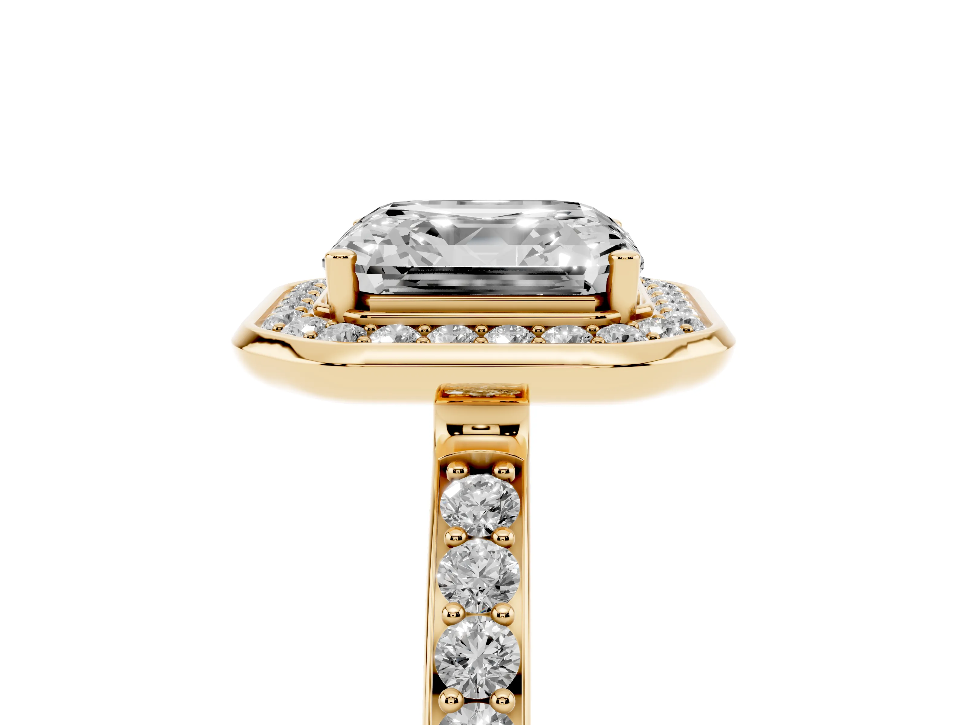 Asscher Cut Diamond Halo Ring Set in Yellow gold with Bezel Frame and Pavé Band
