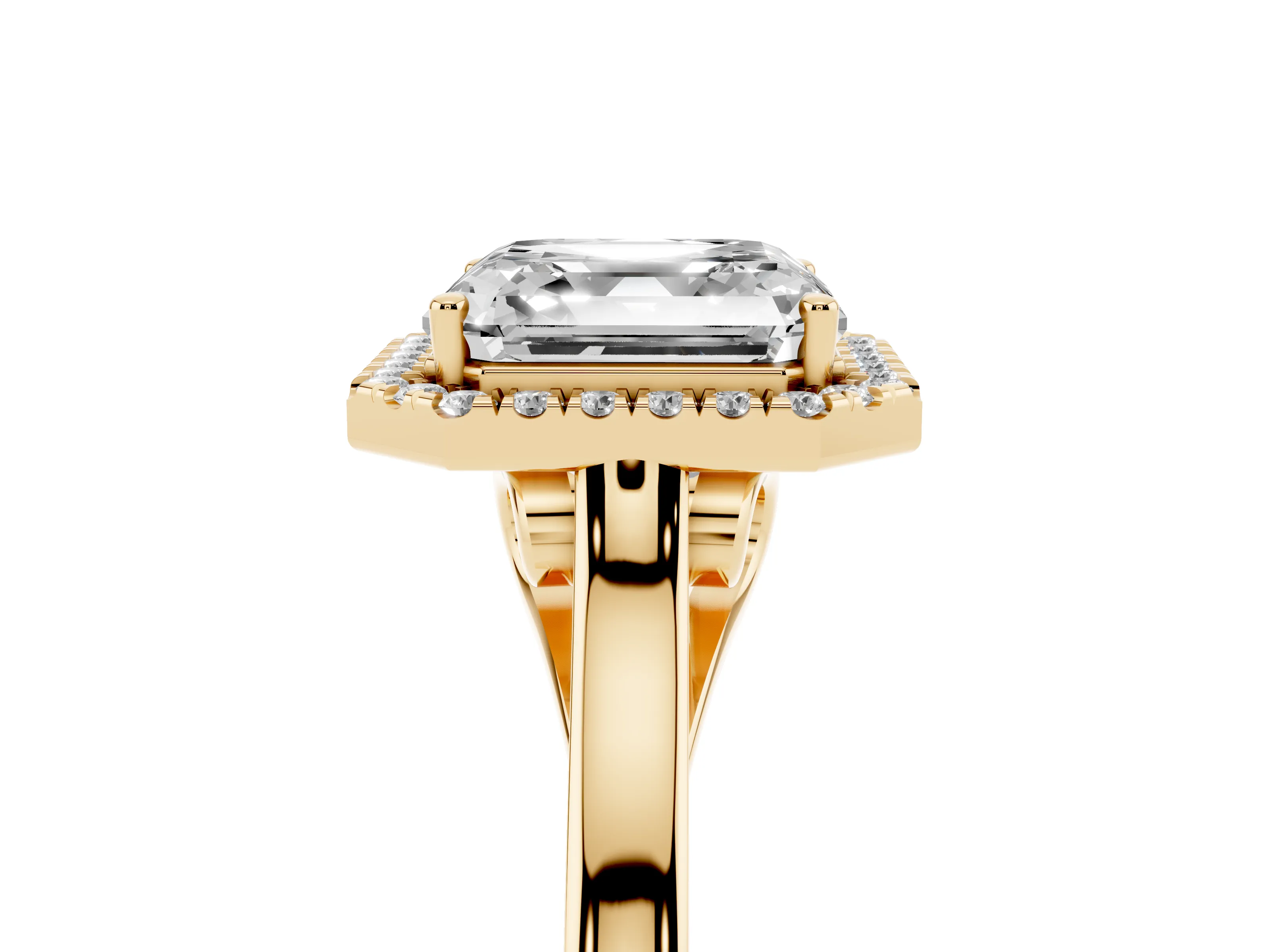 Asscher Cut Halo Round Diamond Solitaire Ring Set in Yellow gold with Pavé Band and Prong Setting