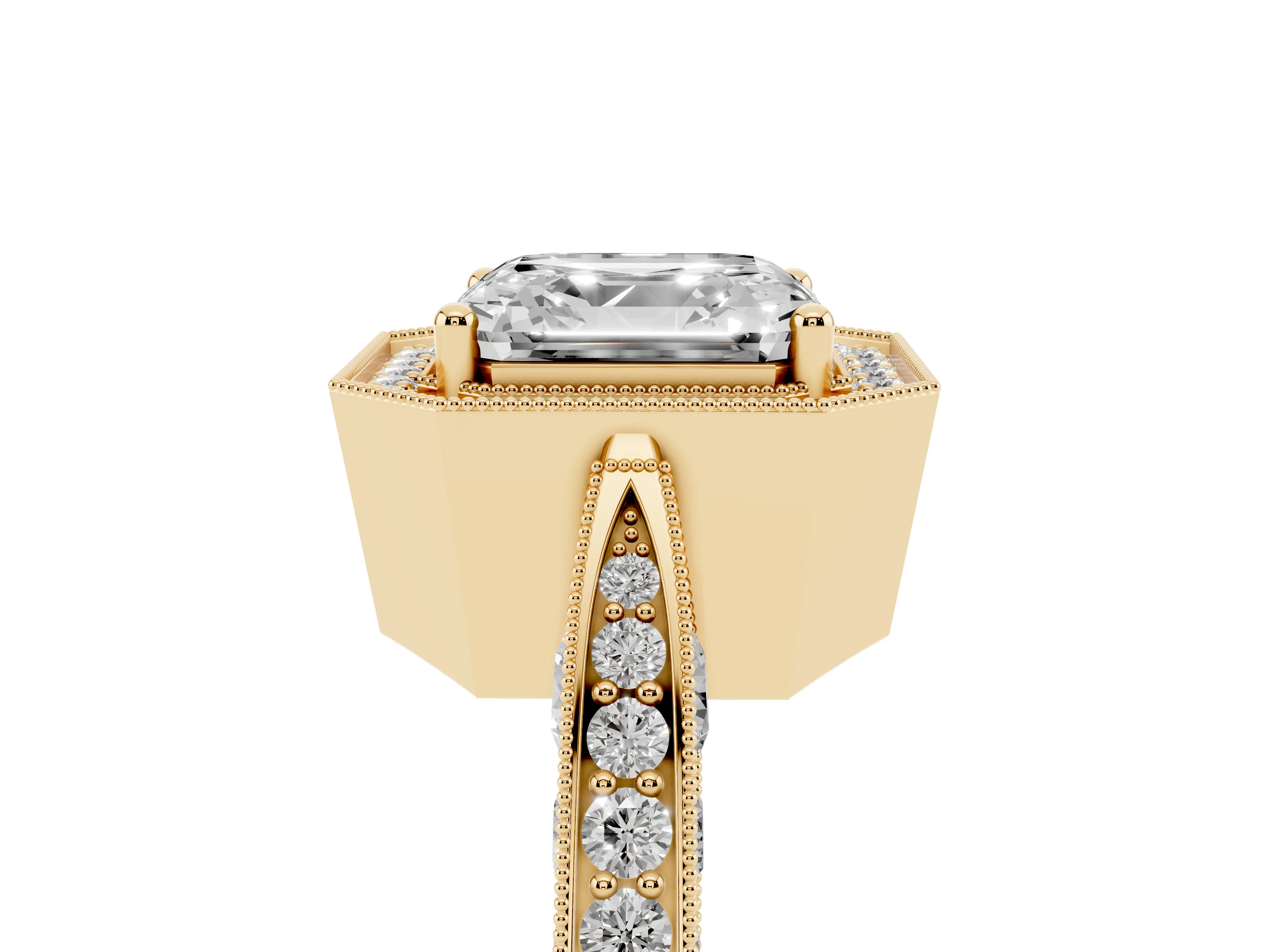 Asscher Cut Diamond Halo Engagement Ring Set in Yellow gold with Accent Split Shank Band