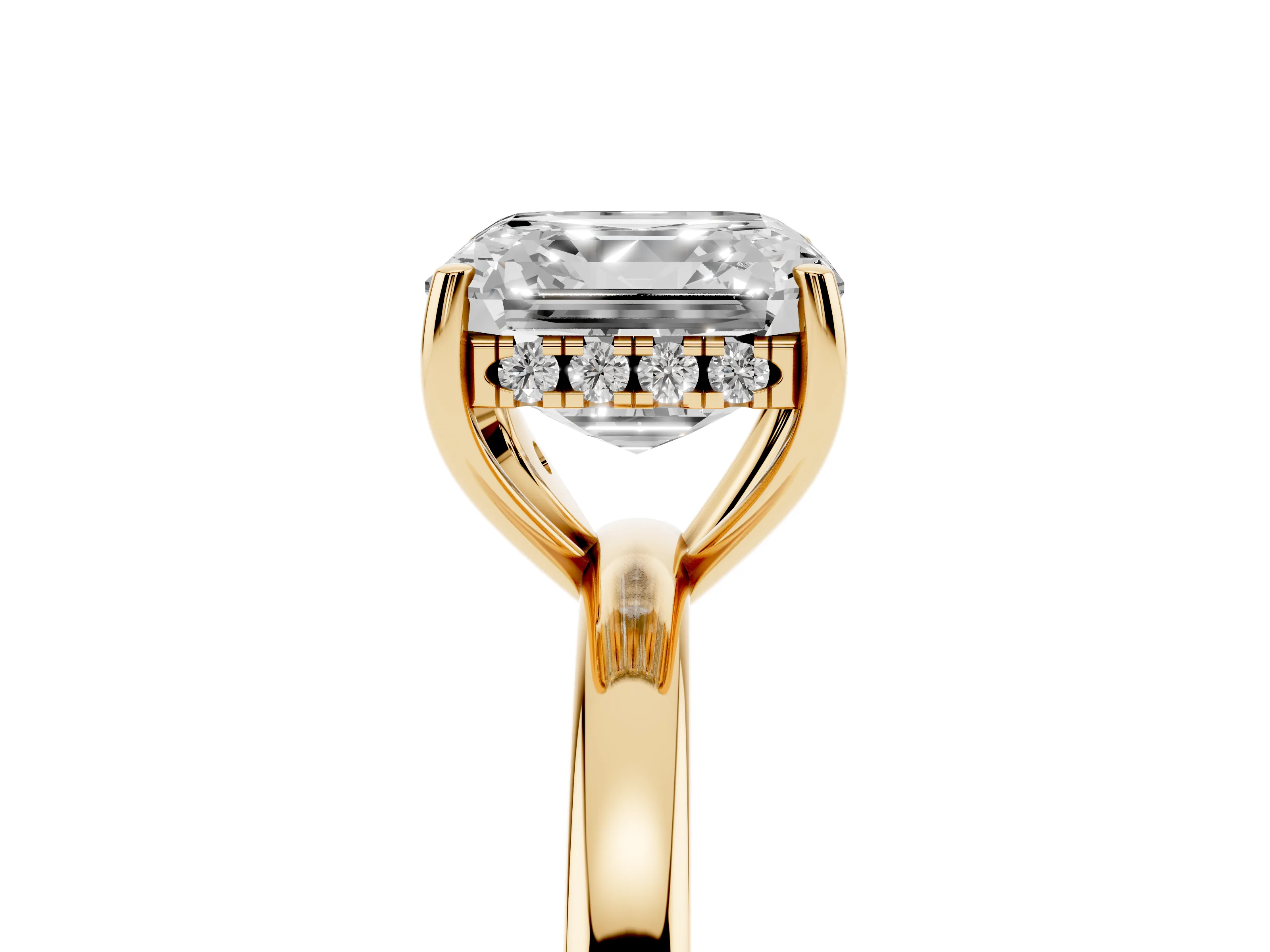 Asscher Cut Diamond Solitaire Ring Set in Yellow gold with Plain Band and Prong Setting