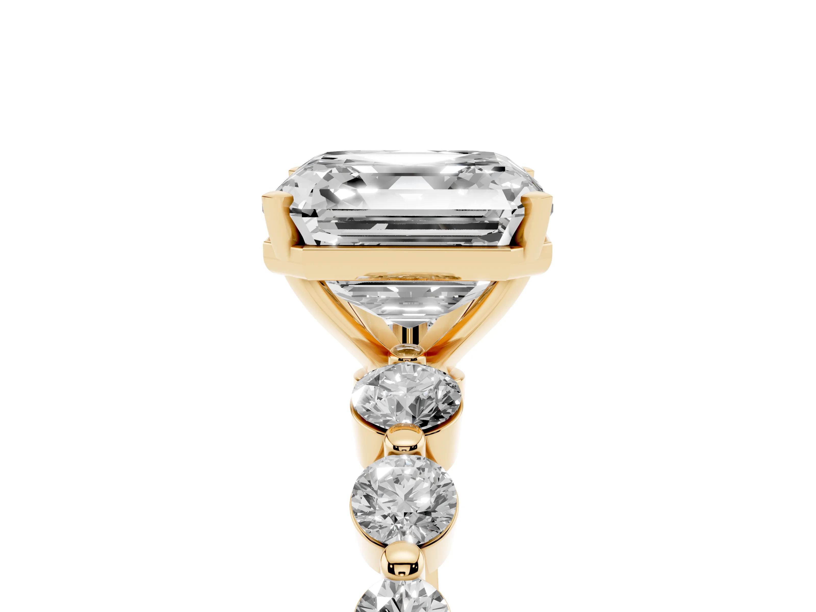 Asscher Cut Diamond Solitaire Ring Set in Yellow gold with Pavé Band and Prong Setting