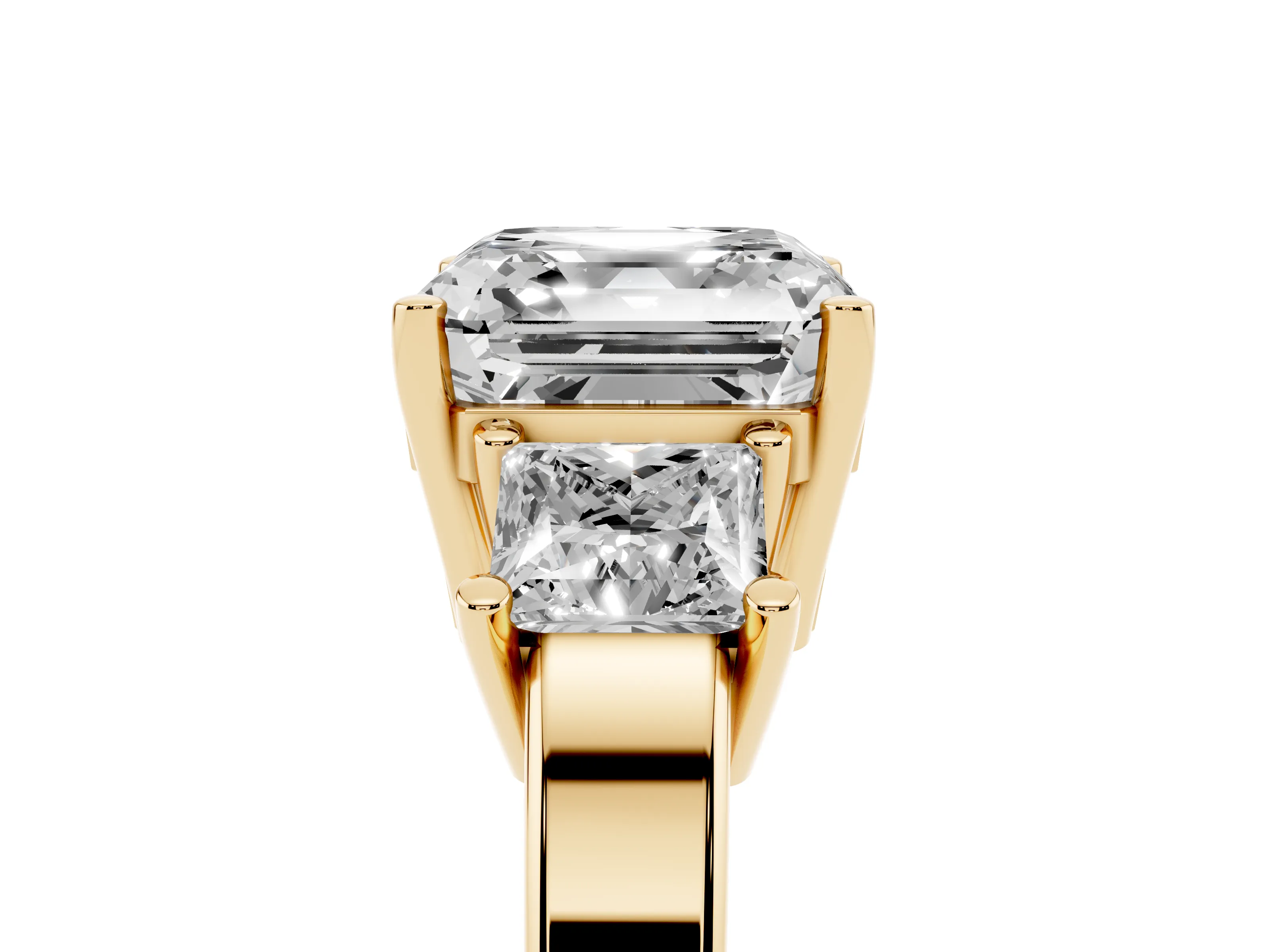 Three-Stone Asscher Cut Diamond Solitaire Ring Set in Yellow gold with Prong Setting