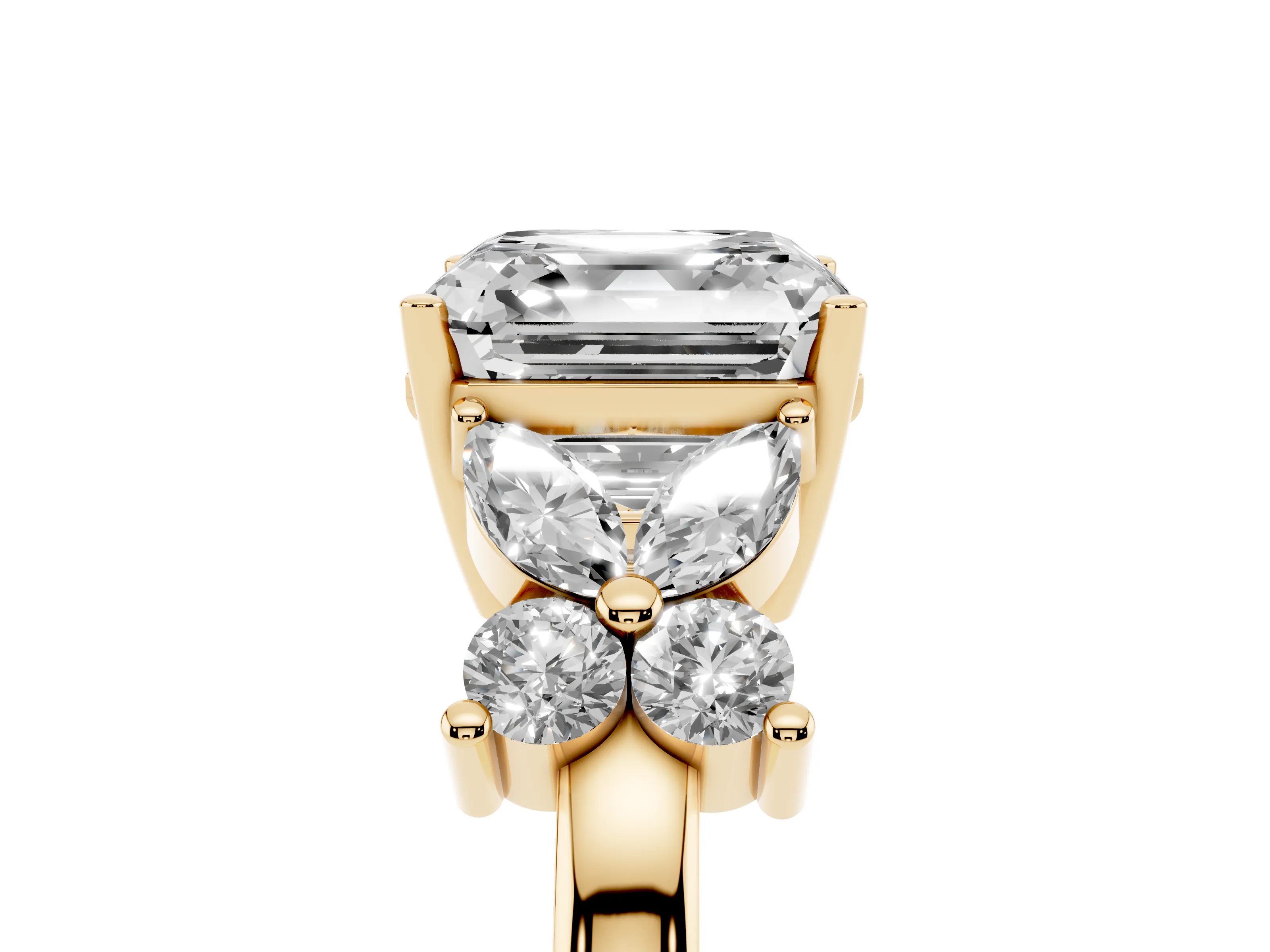 Asscher Cut Diamond Floral Cluster Ring Set in Yellow gold with Marquise Petals and Prong Setting