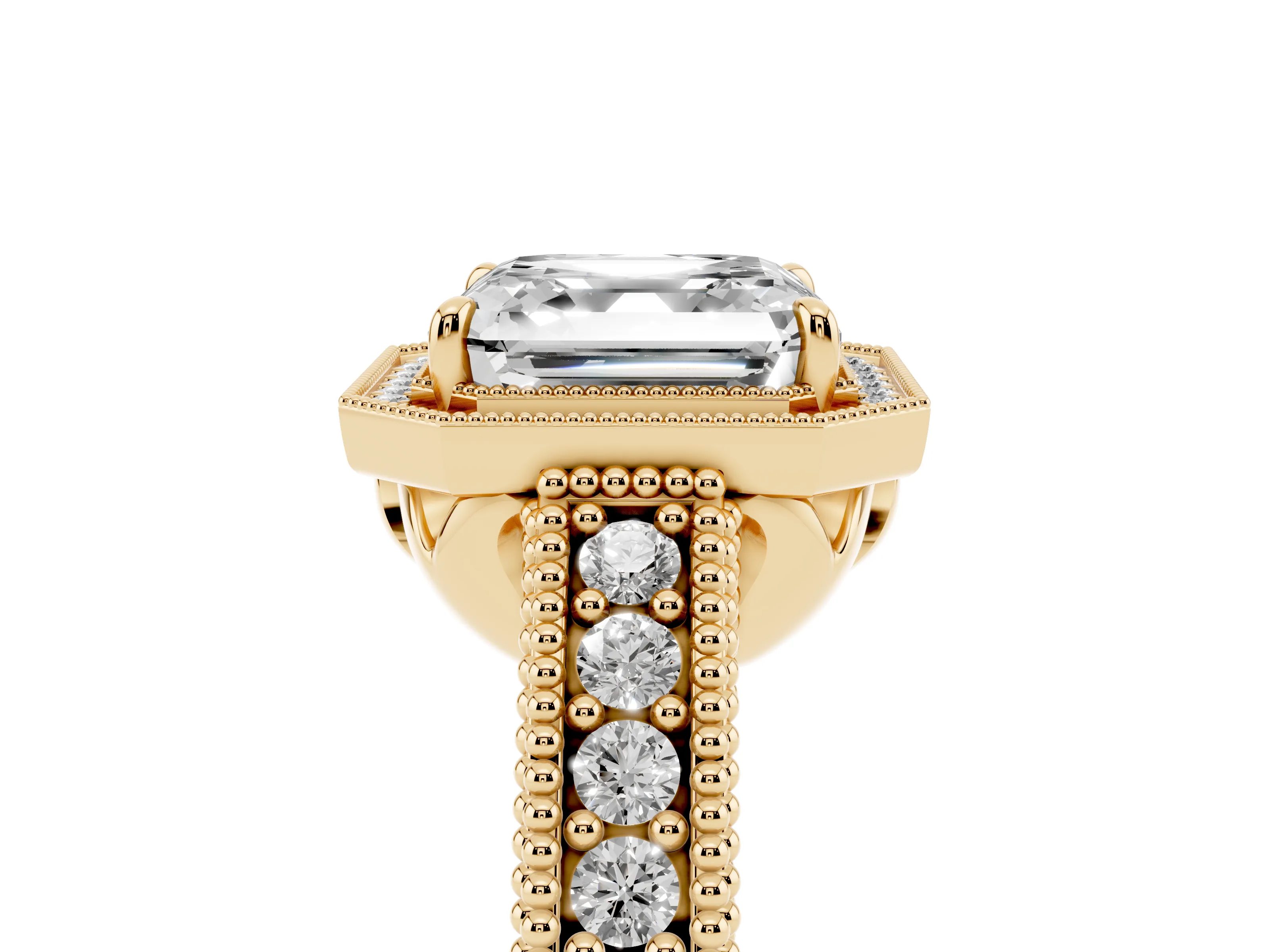 Asscher Cut Diamond Halo Ring Set in Yellow gold with Round Accent Halo, Pavé Band and Prong Setting