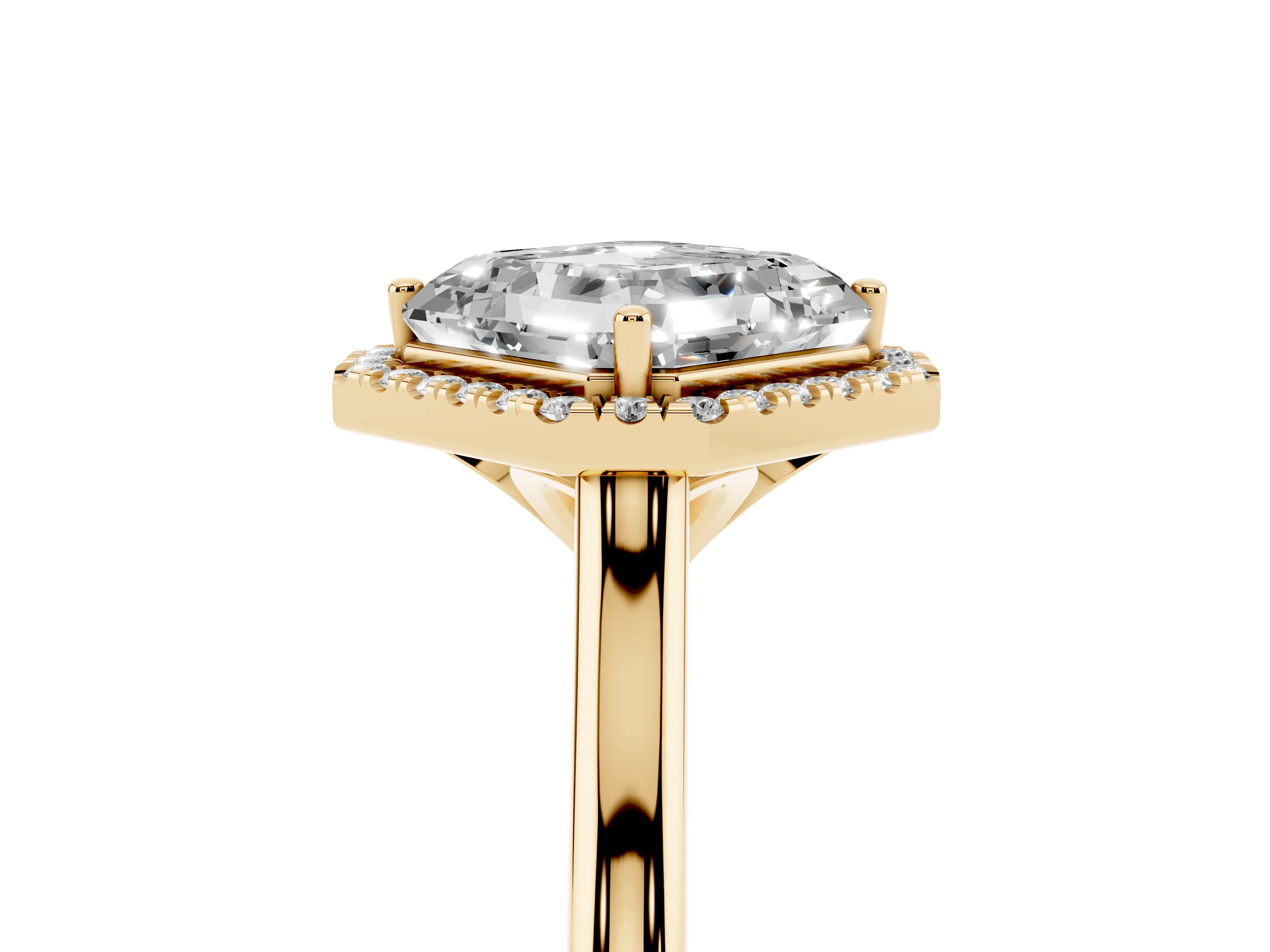 Asscher Cut Diamond Halo Engagement Ring Set in Yellow gold with Pavé Band and Rising Shoulders