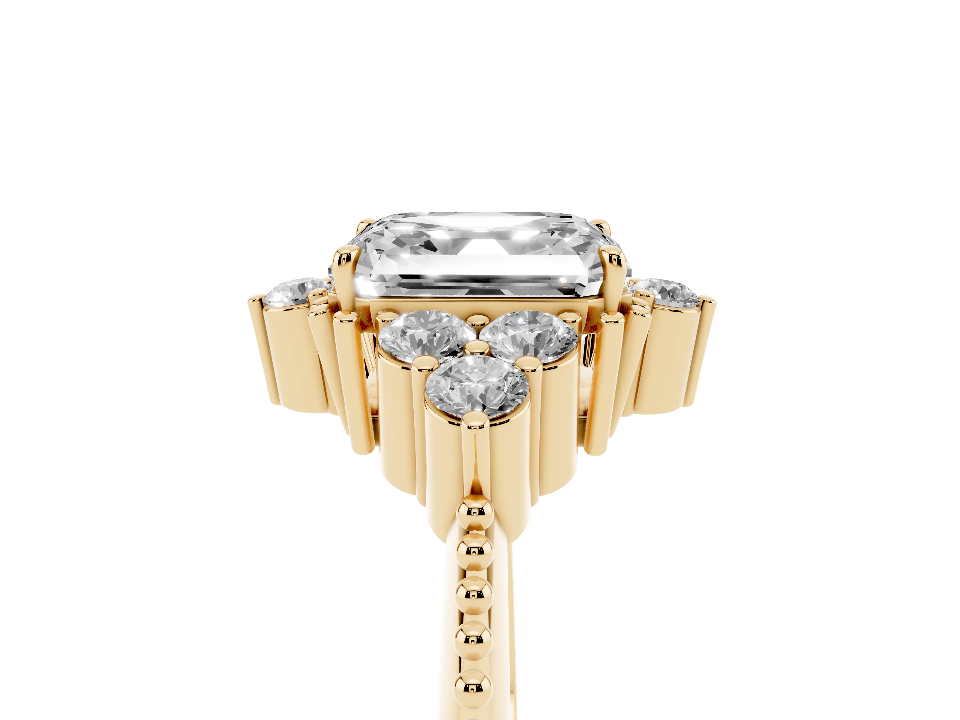 Asscher Cut Diamond Cluster Ring Set in Yellow gold with Beaded Band