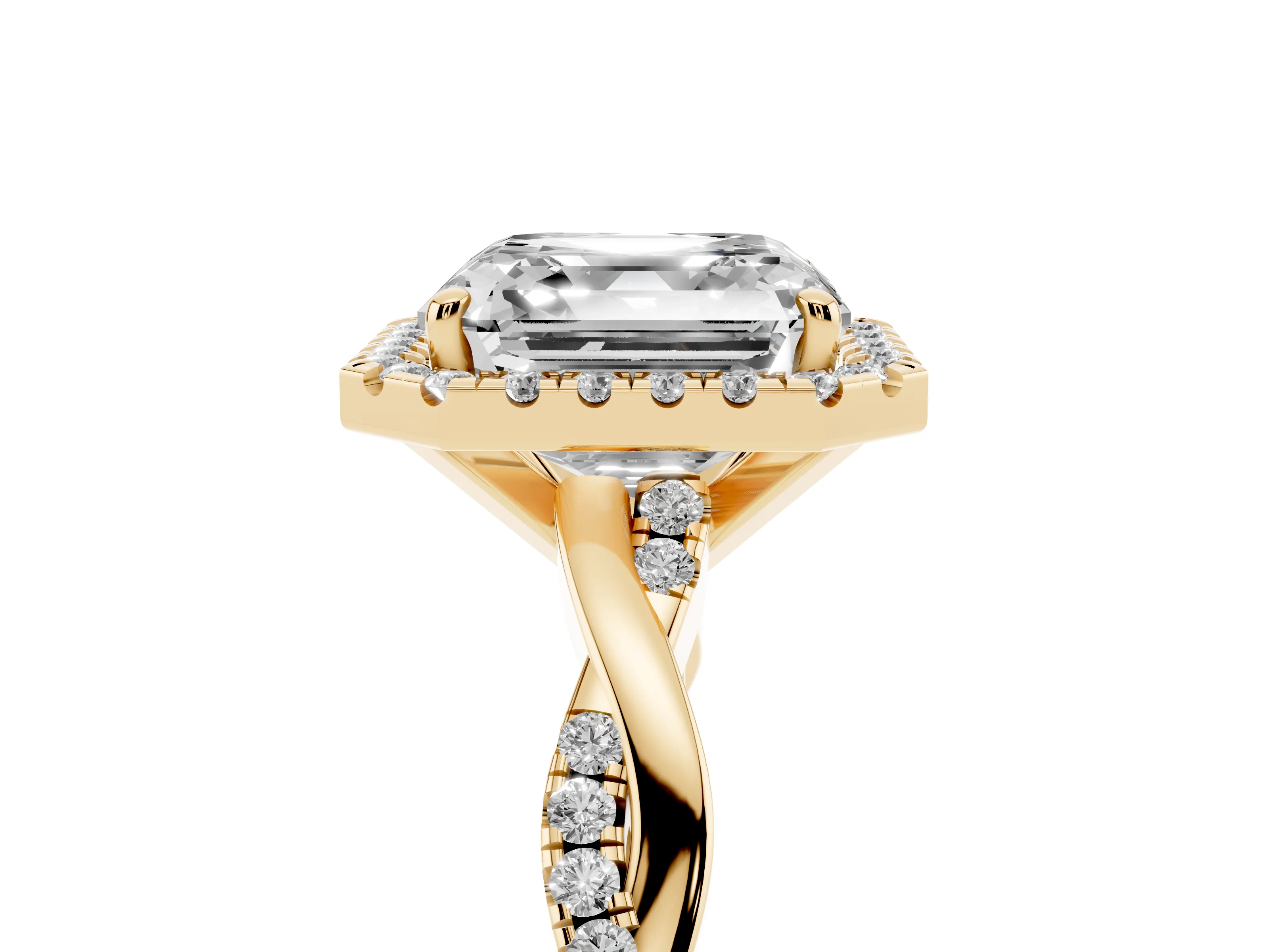 Asscher Cut Diamond Halo Twisted Band Ring Set in Yellow gold with Prong Setting