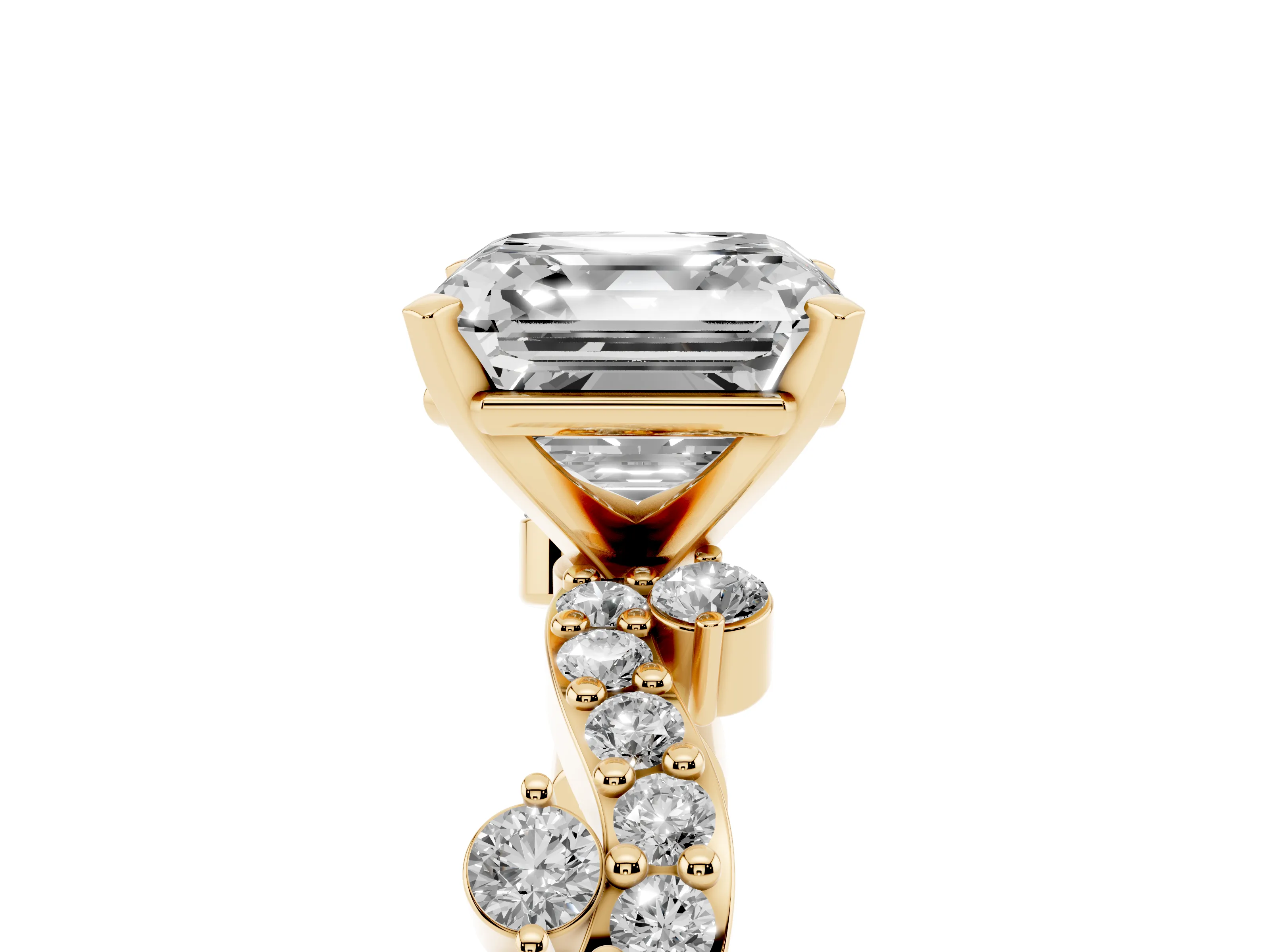 Asscher Cut Diamond Solitaire Twisted Band Set in Yellow gold with Pavé Setting