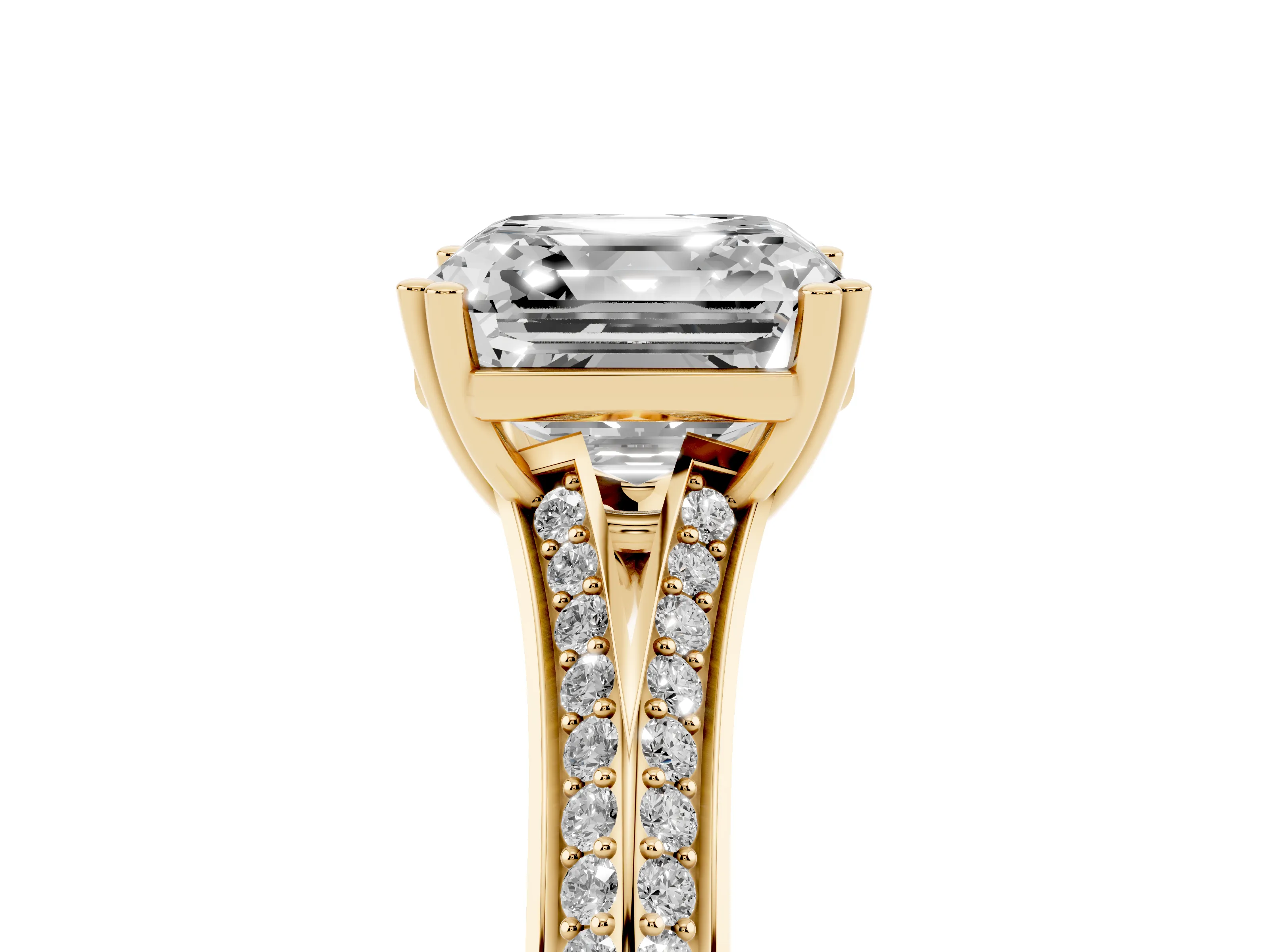 Asscher Cut Diamond Split Shank Pavé Engagement Ring Set in Yellow gold with Prong-Set Center Stone