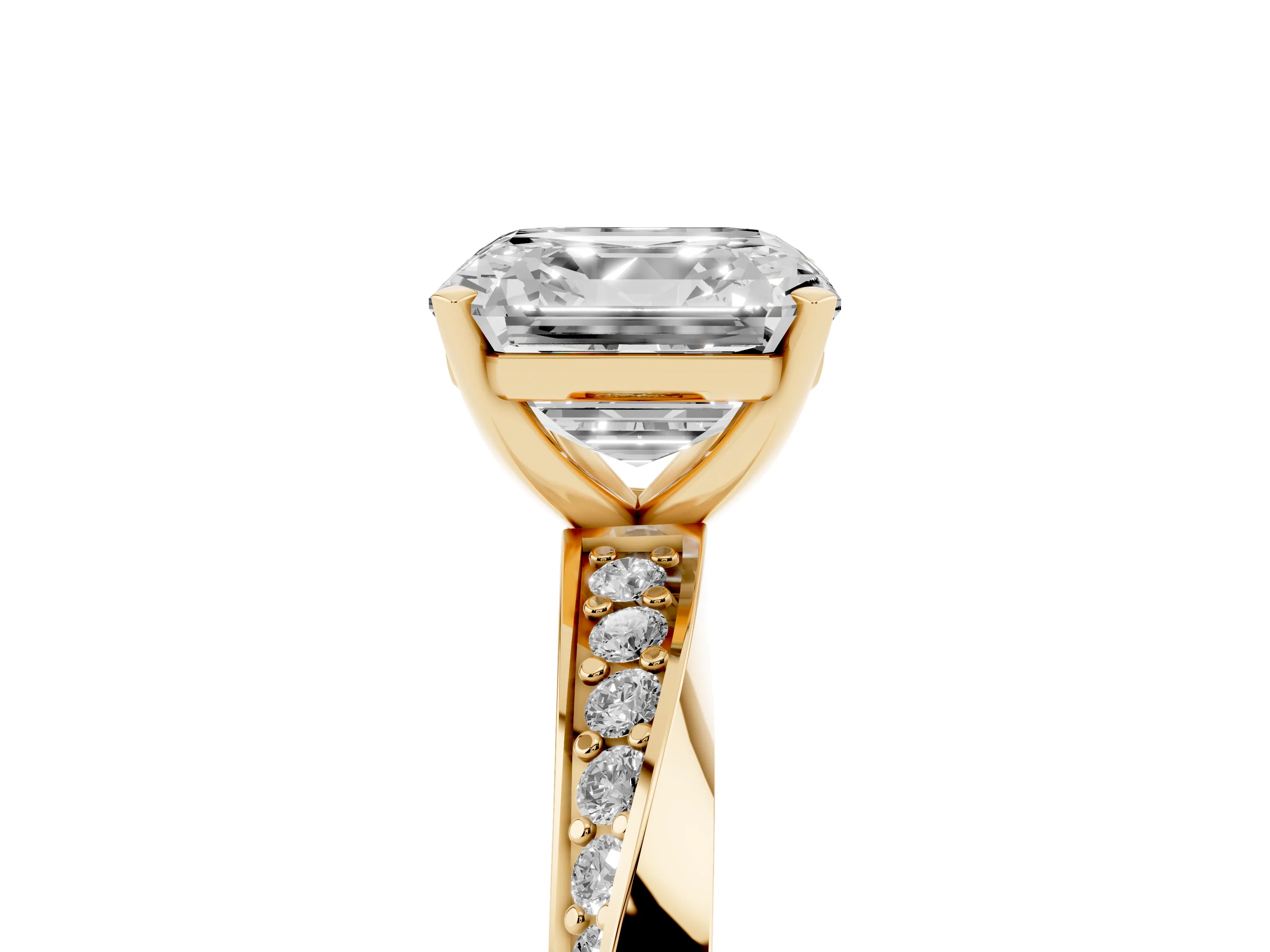 Asscher Cut Diamond Engagement Ring Set in Yellow gold with Side Stone Accents and Prong Setting