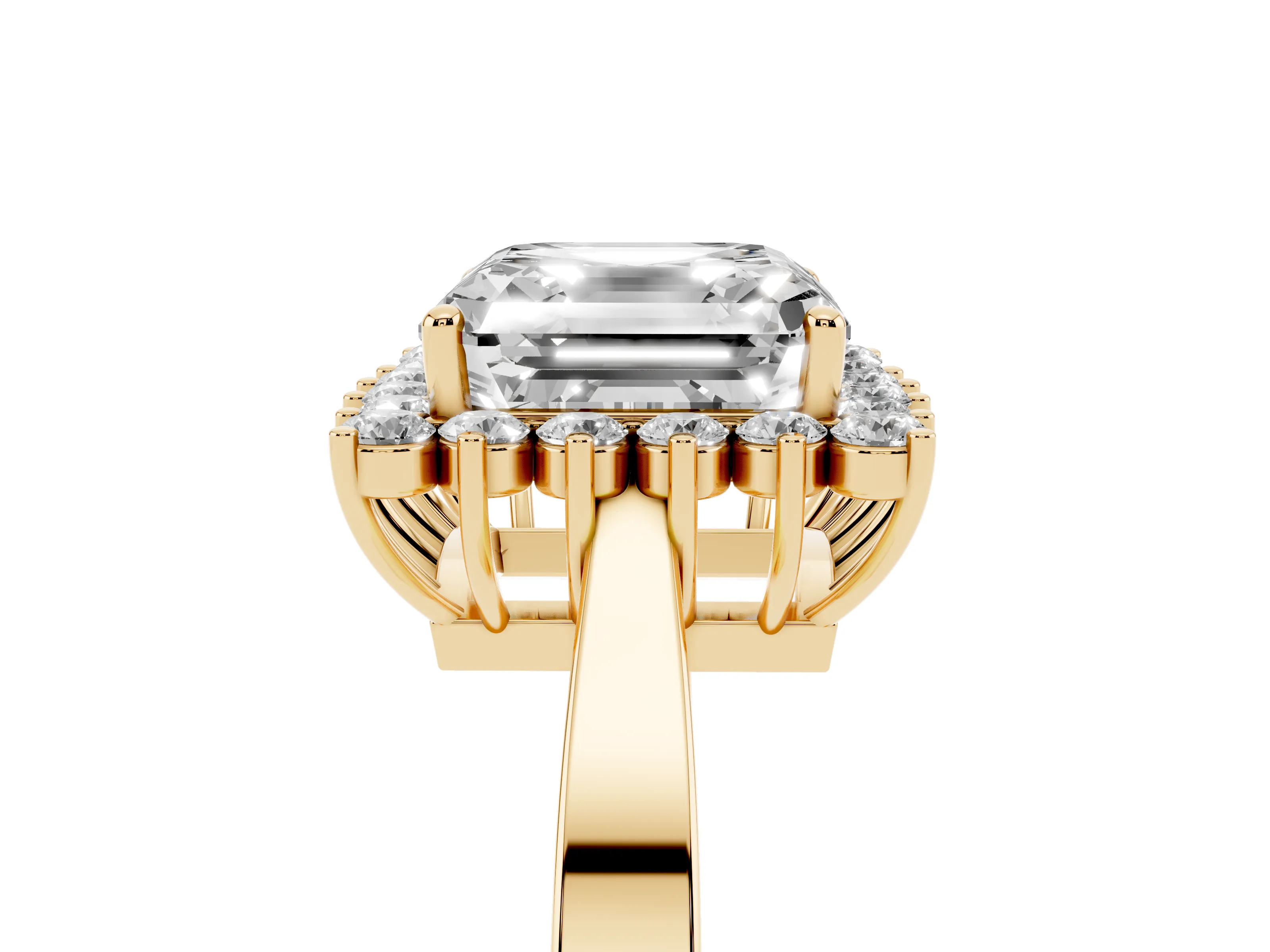 Asscher Cut Diamond Halo Ring Set in Yellow gold with Round Halo and Smooth Solitaire Band