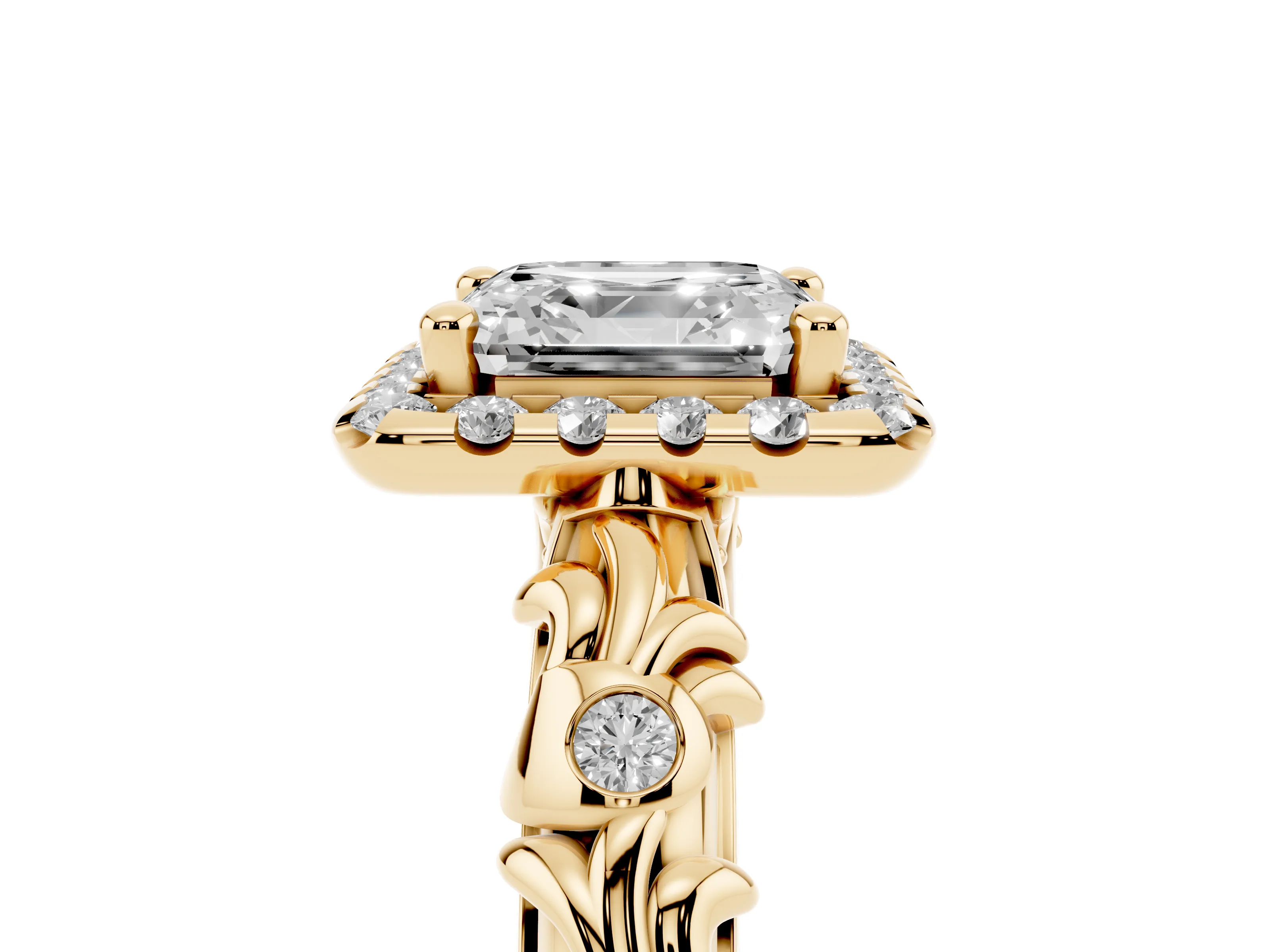 Asscher Cut Diamond Halo Ring Set in Yellow gold with Filigree Leaf Band and Prong Setting