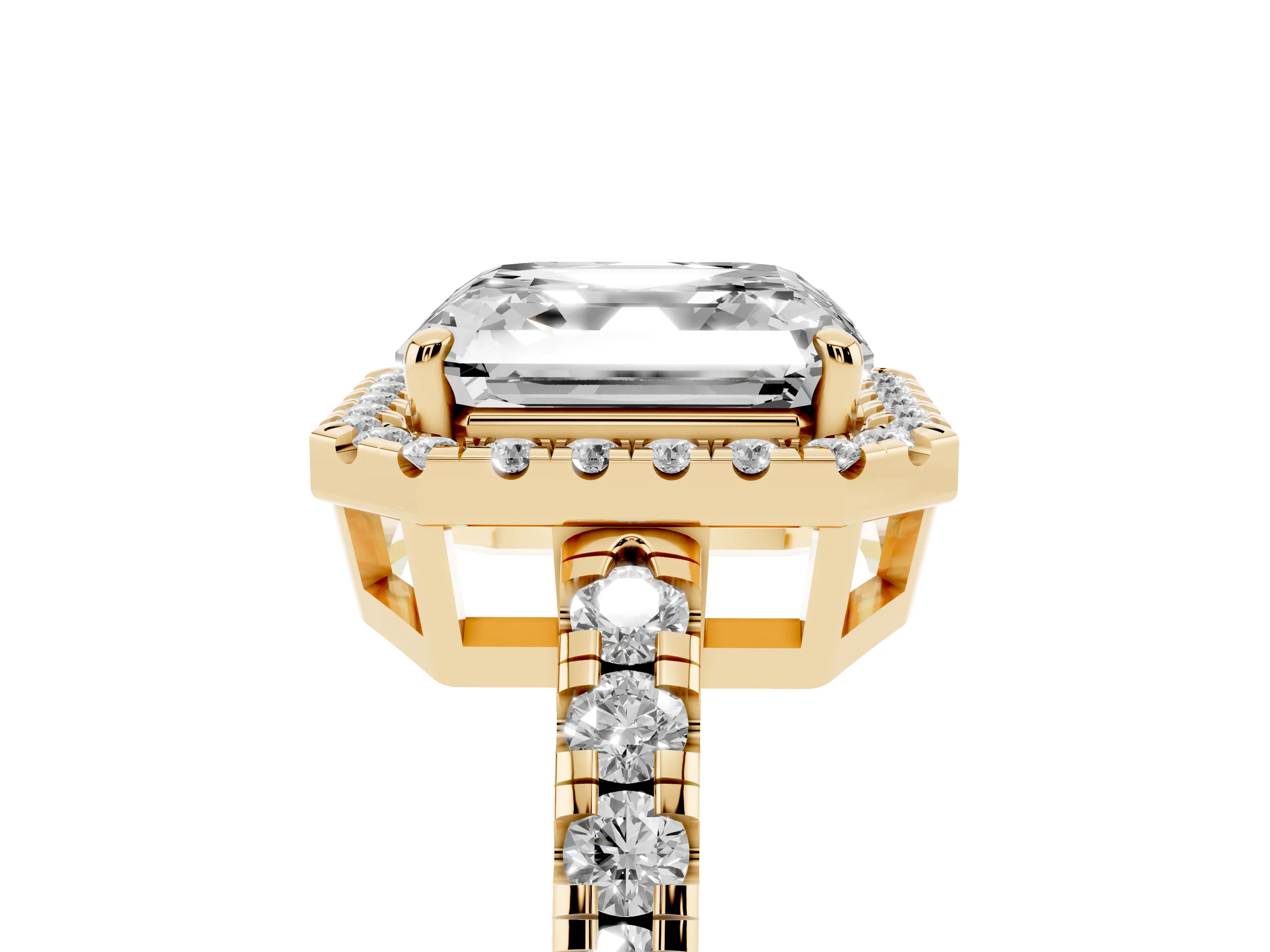 Asscher Cut Diamond Halo Ring Set in Yellow gold with Delicate Pavé Band and Prong Setting