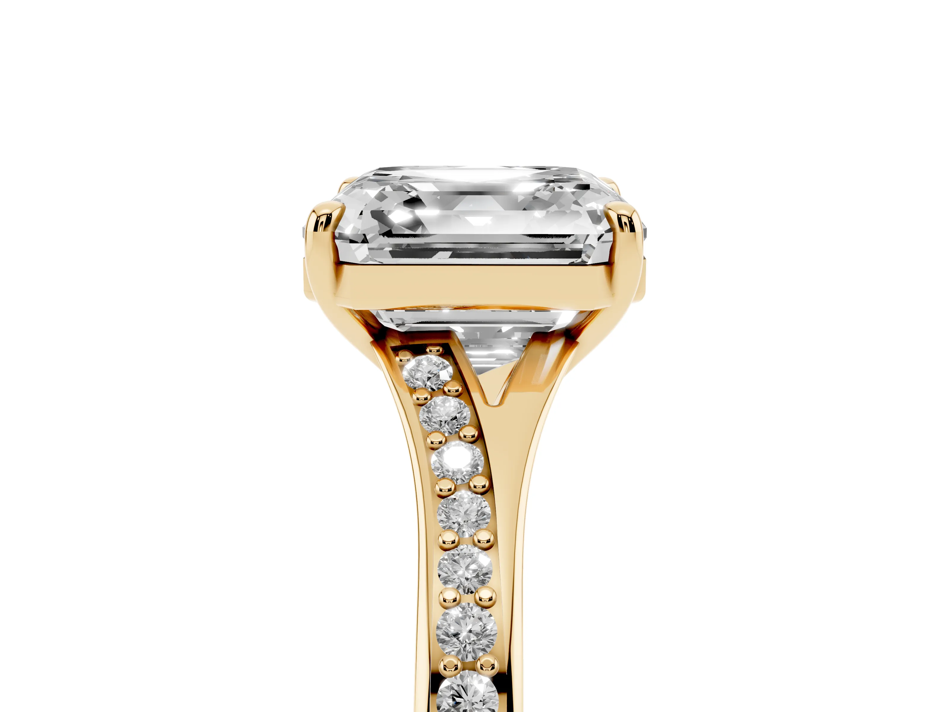 Asscher Cut Diamond Solitaire Ring Set in Yellow gold with Pavé Accent Band and Classic Prong Setting
