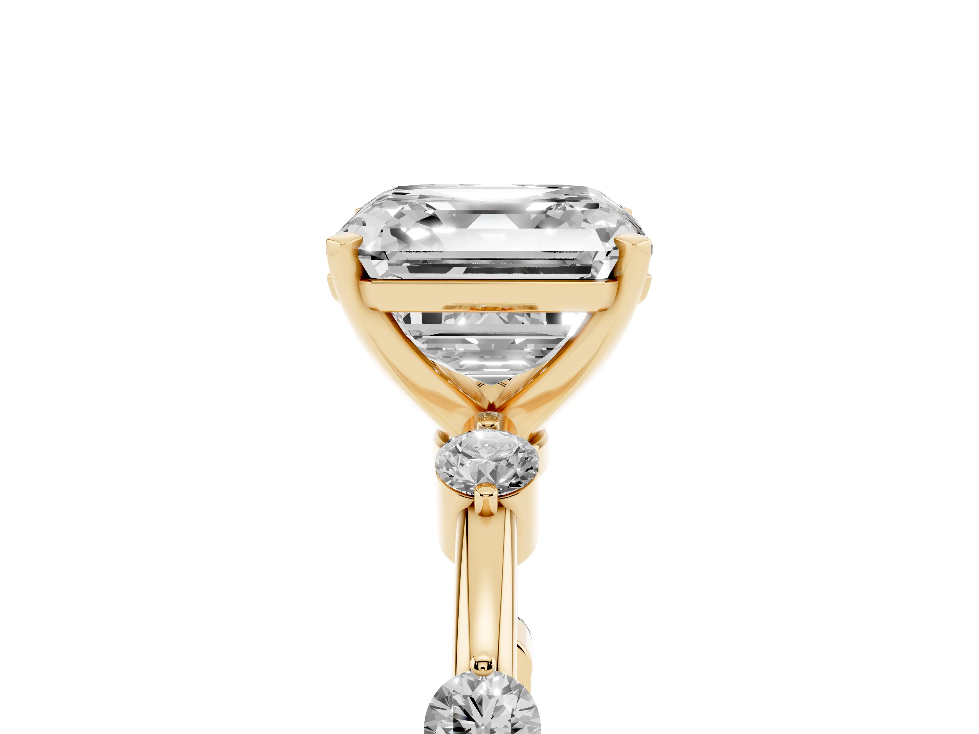 Asscher Cut Diamond Solitaire Ring Set in Yellow gold with Bezel Set Side Stones and Prong Setting