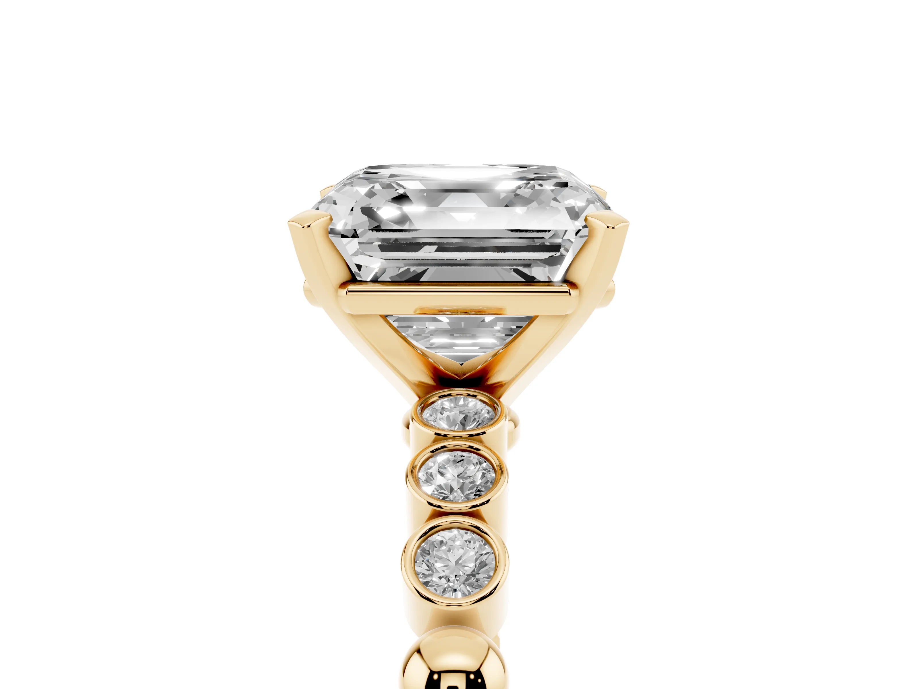 Asscher Cut Diamond Solitaire Engagement Ring Set in Yellow gold with Bezel Accents on Beaded Band