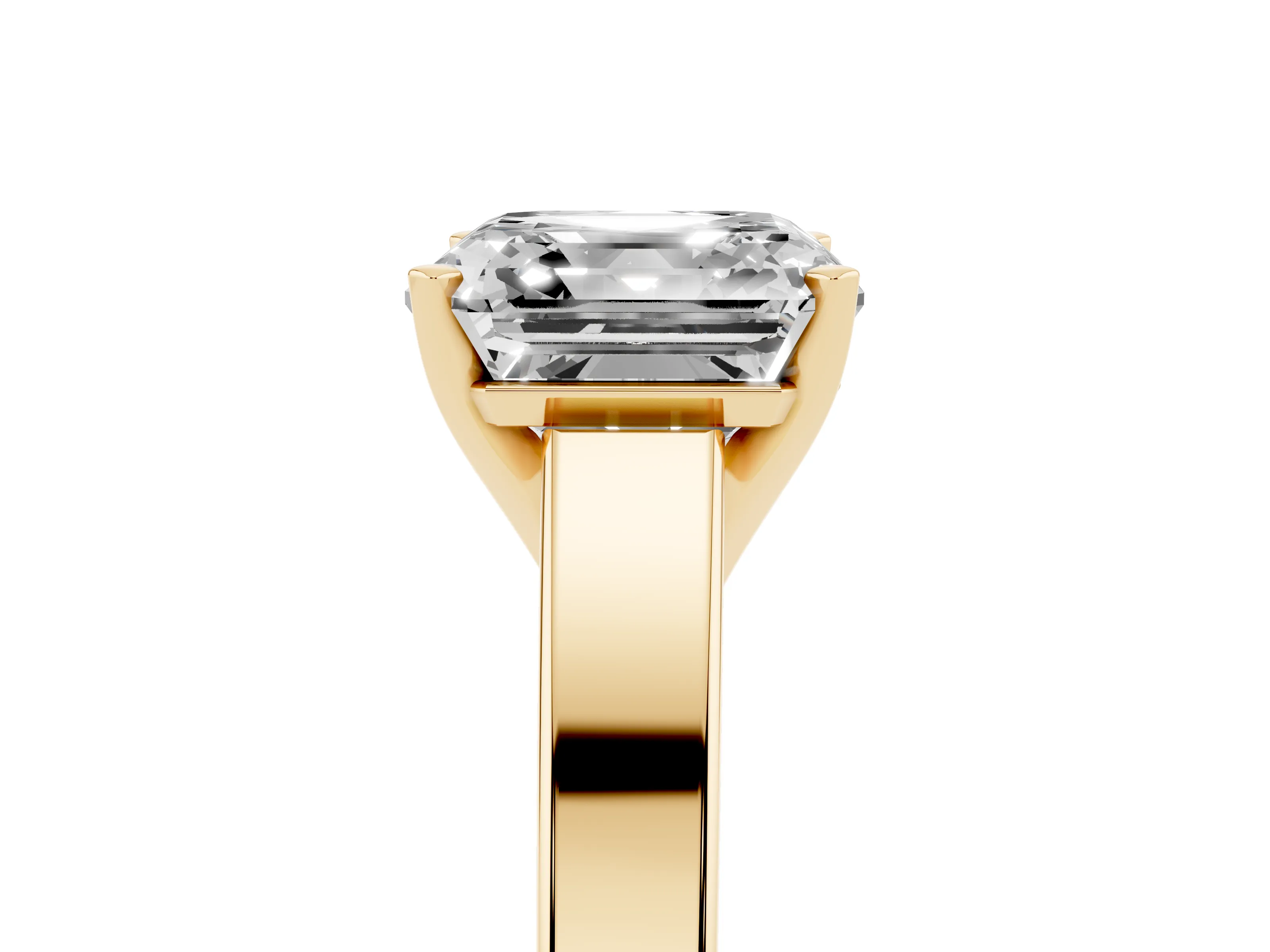 Asscher Cut Diamond Solitaire Engagement Ring Set in Yellow gold with Prong Setting and Tapered Band