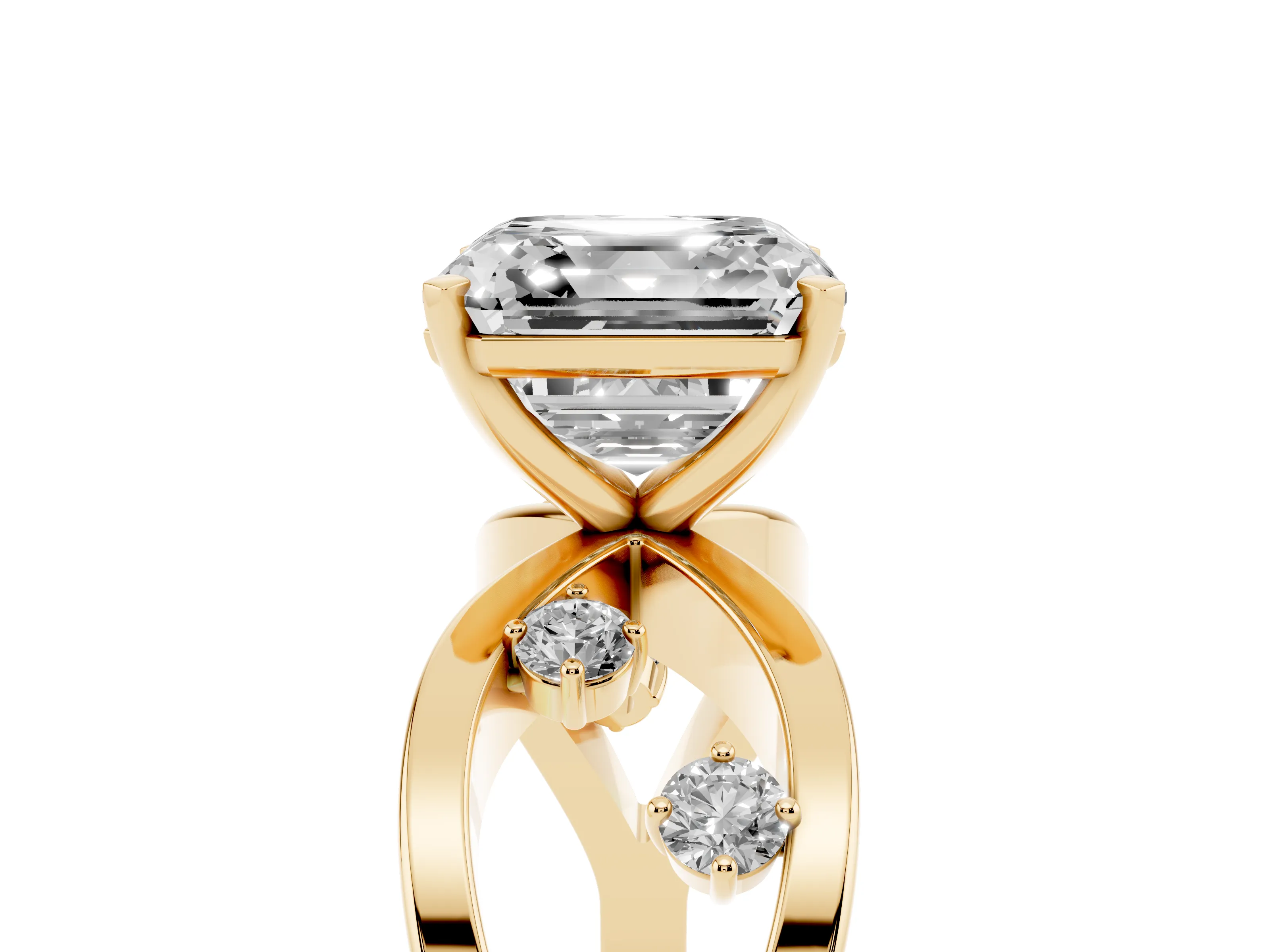 Asscher Cut Diamond Solitaire Ring Set in Yellow gold with Side Stones on Criss-Cross Band and Prong Setting