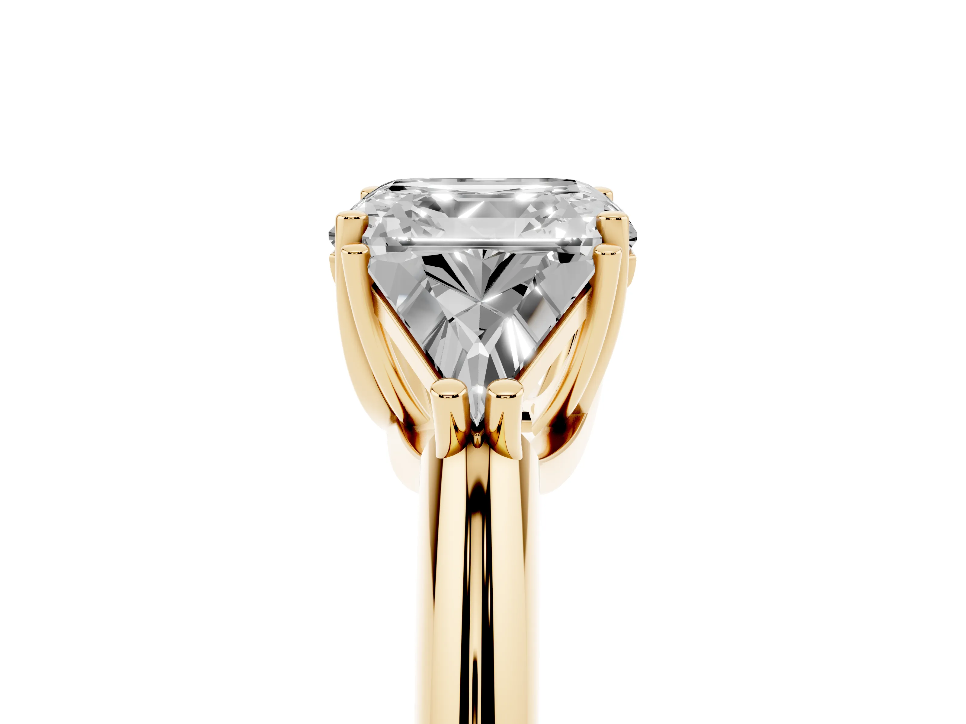 Asscher Cut Diamond Three-Stone Engagement Ring Set in Yellow gold with Trillion Side Stones