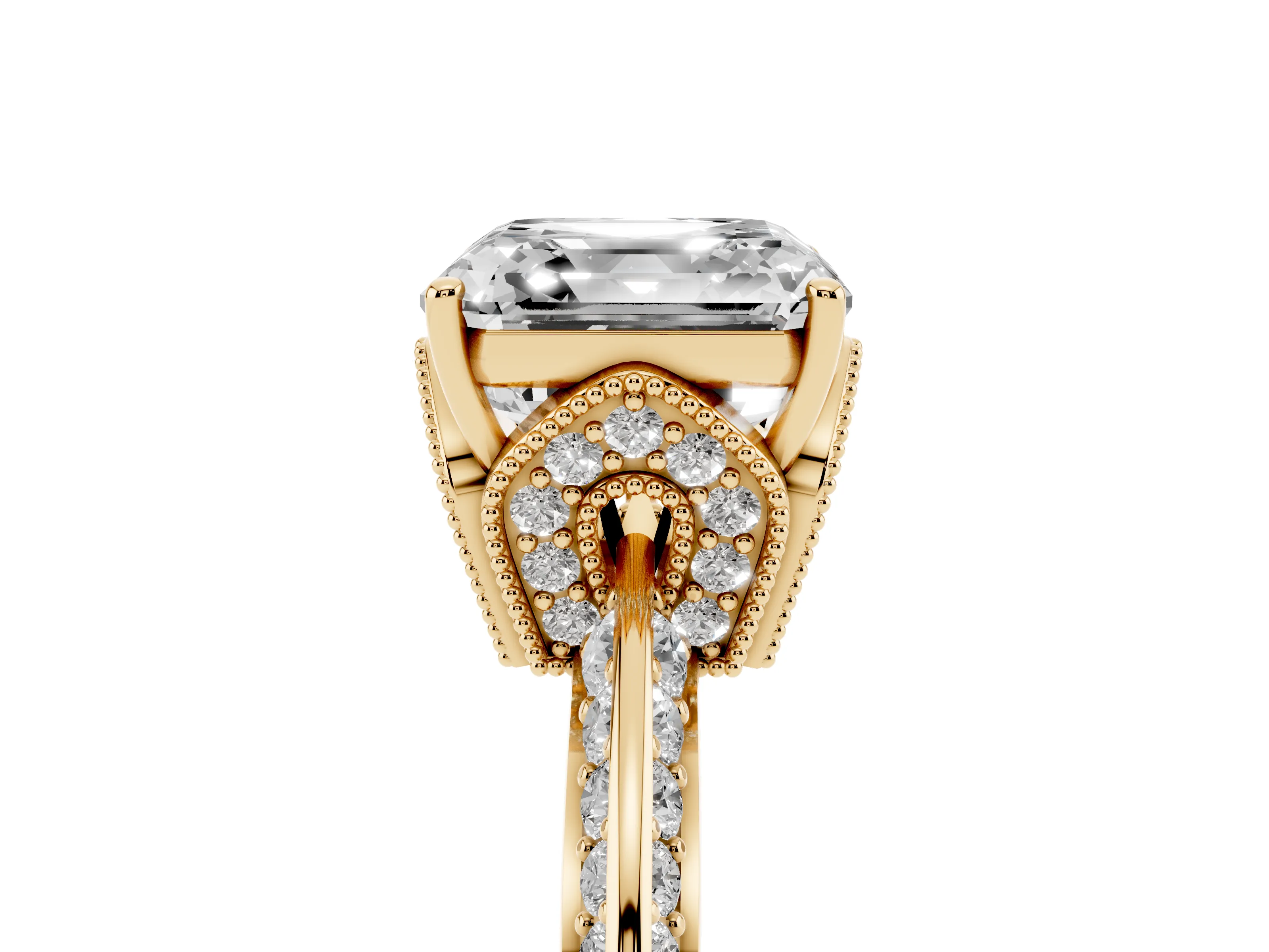 Asscher Cut Diamond Solitaire Engagement Ring Set in Yellow gold with Pavé Split Shank and Prong Setting