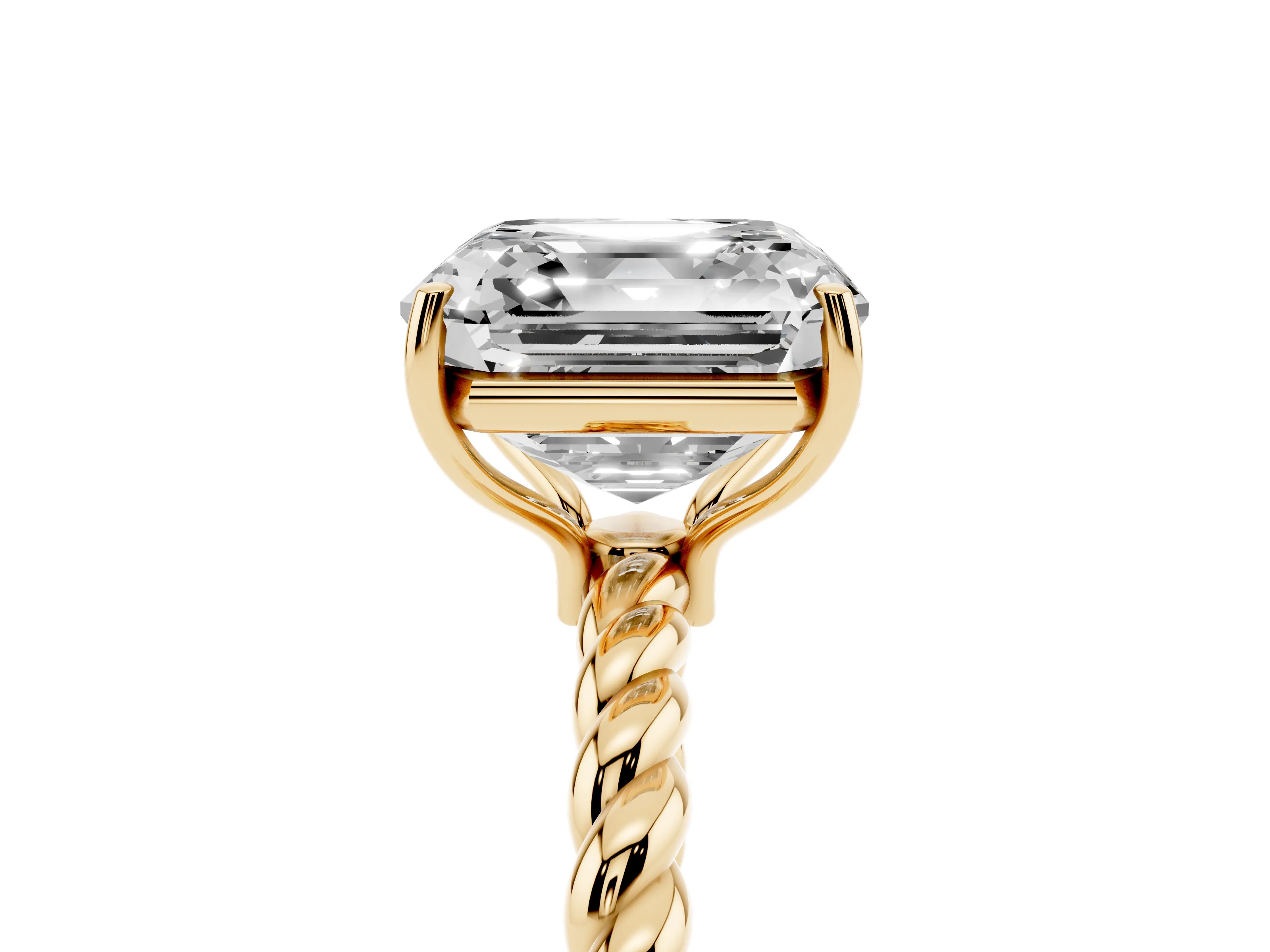 Asscher Cut Diamond Solitaire Ring Set in Yellow gold with Twist Band and Prong Setting