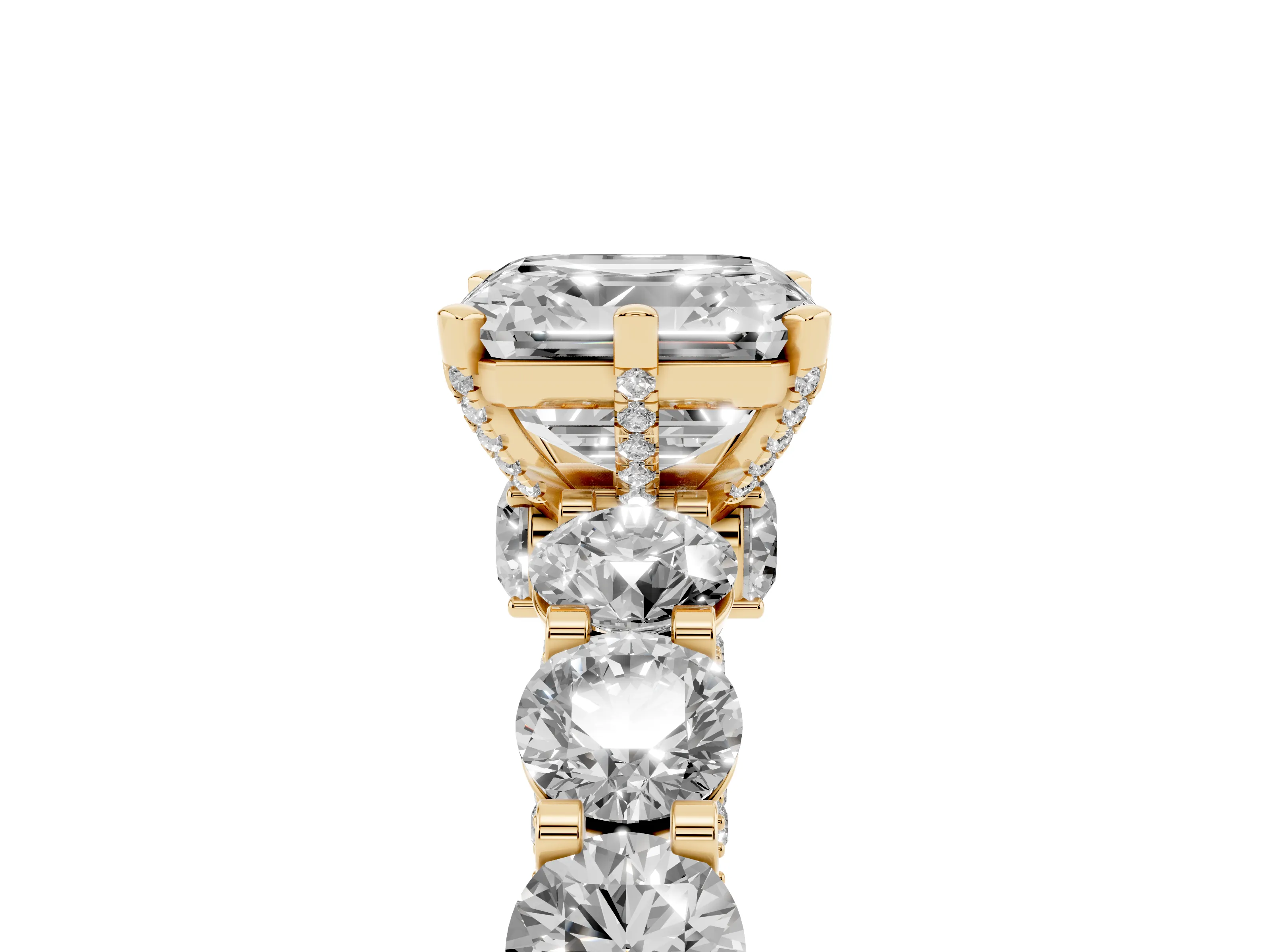 Asscher Cut Diamond Side Stone Ring Set in Yellow gold with Alternating Round and Oval Side Stones