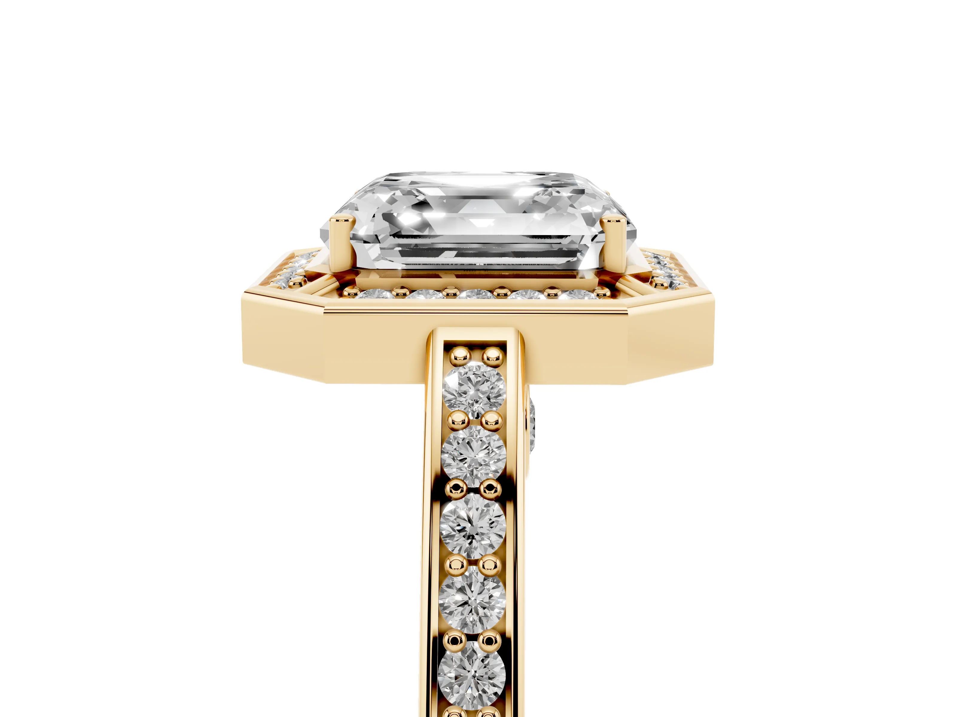 Asscher Cut Diamond Halo Pavé Split Shank Ring Set in Yellow gold with Prong Setting