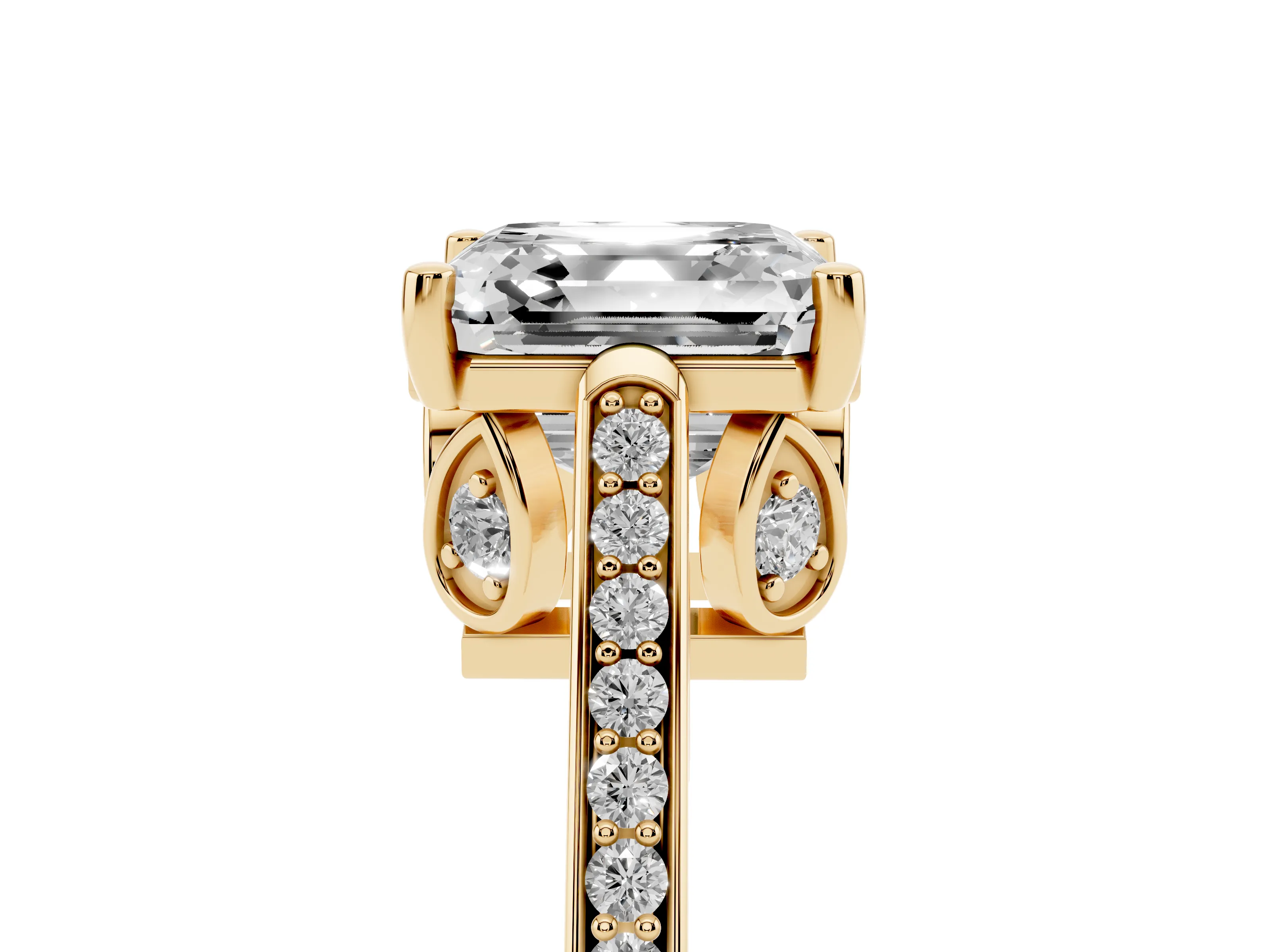 Asscher Cut Diamond Cathedral Pavé Engagement Ring Set in Yellow gold with Prong Setting
