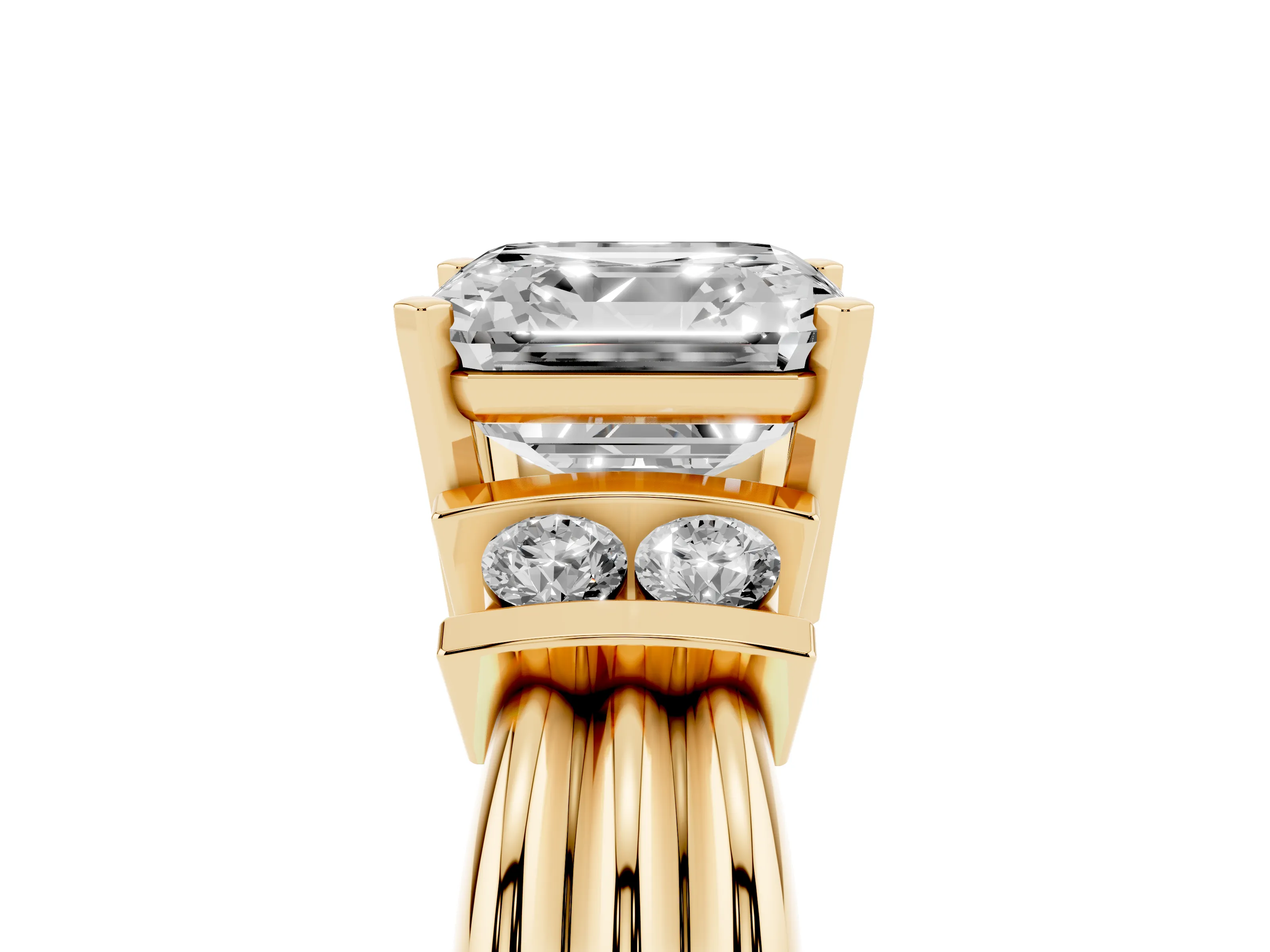 Three-Stone Asscher Cut Diamond Channel Set Ring Set in Yellow gold with Bar Prongs