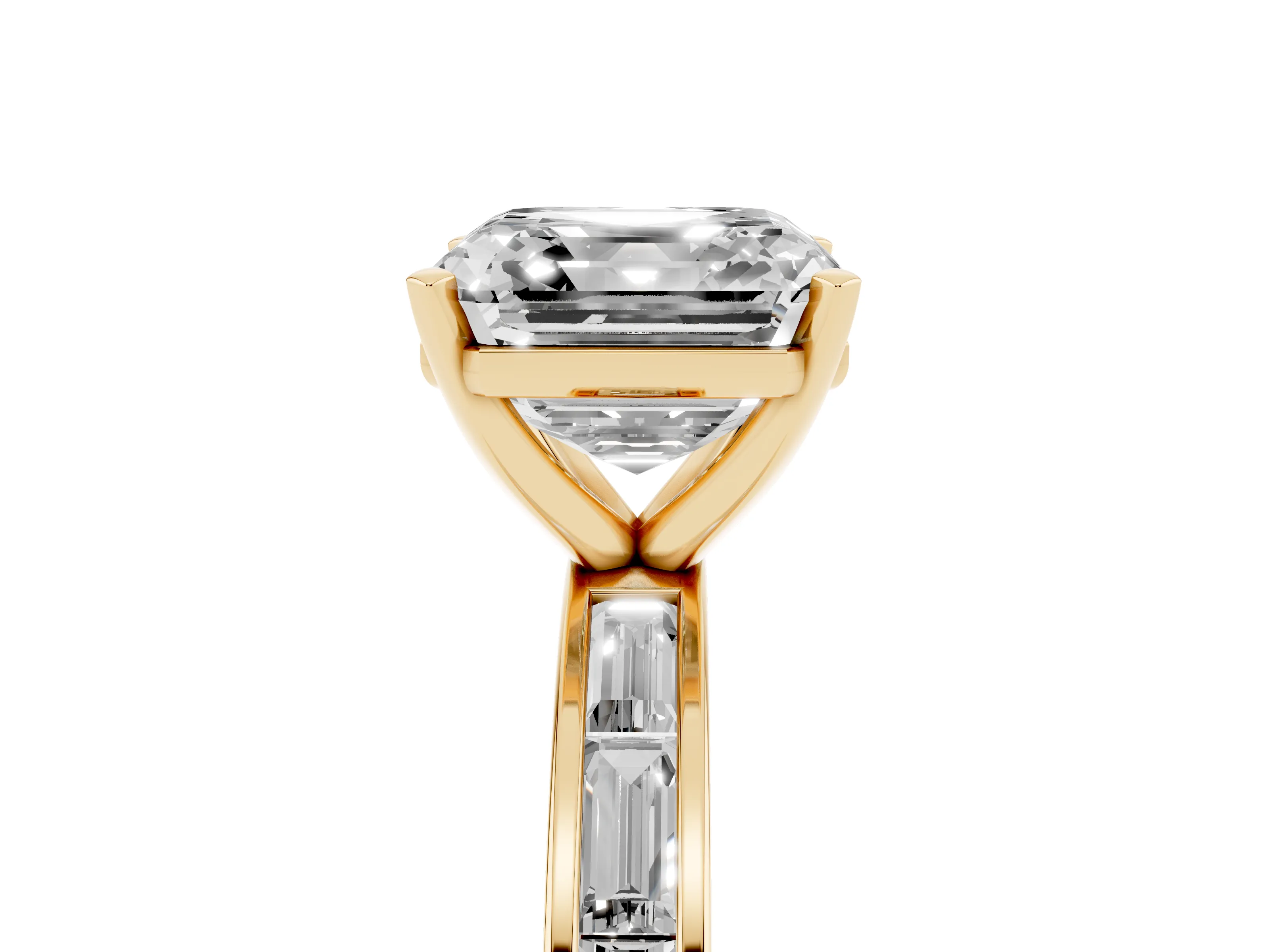 Asscher Cut Diamond Solitaire Ring Set in Yellow gold with Channel-Set Baguette Band and Prong Setting