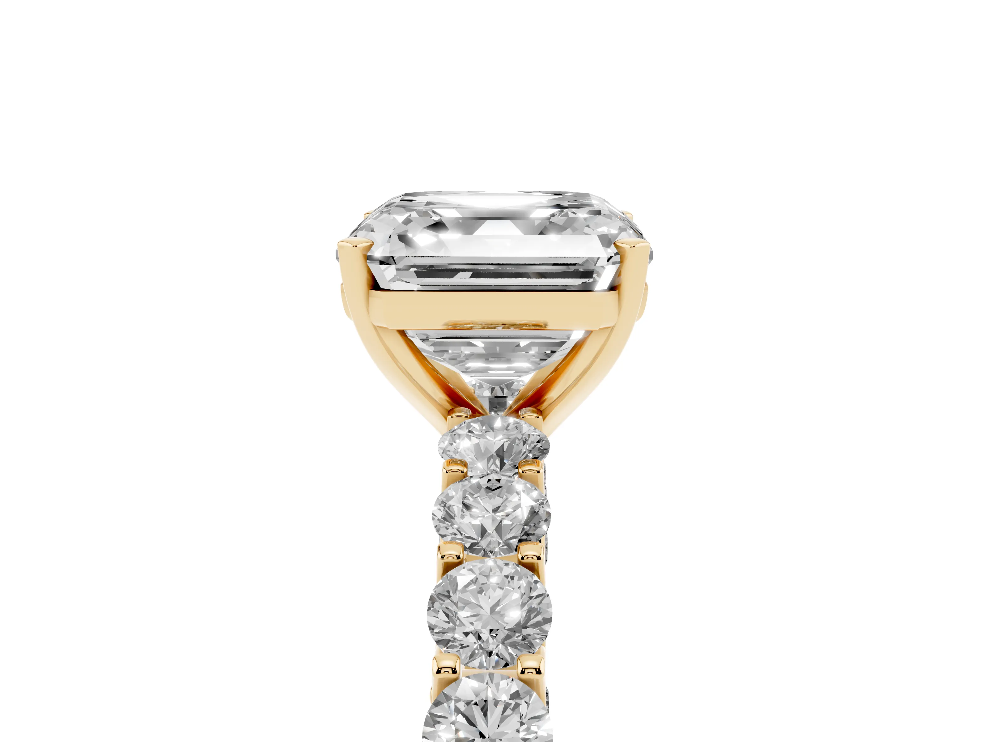 Asscher Cut Diamond Solitaire Ring Set in Yellow gold with Shared Prong Pavé Band