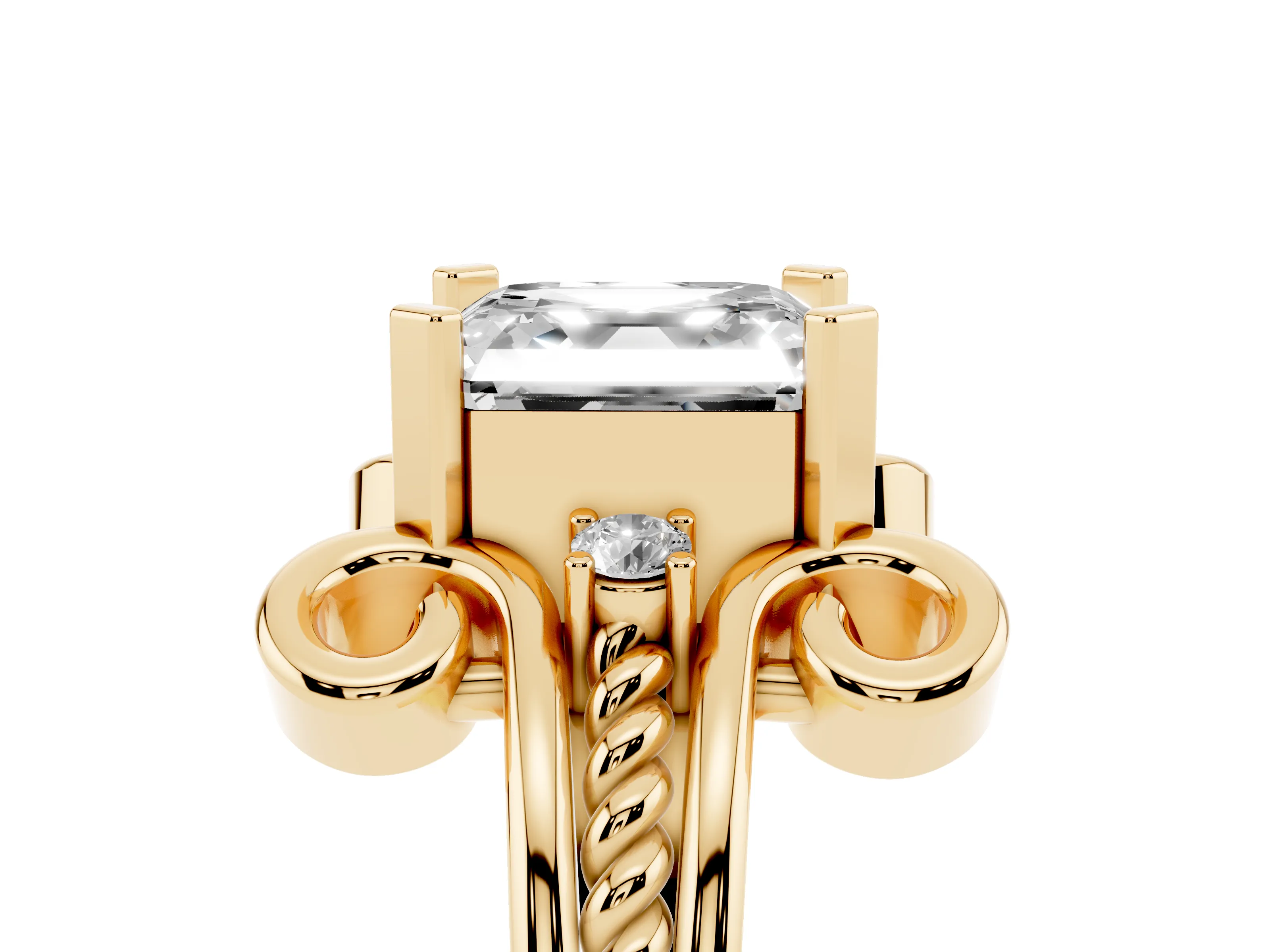 Asscher Cut Diamond Twisted Band Solitaire Ring Set in Yellow gold with Scroll Prongs