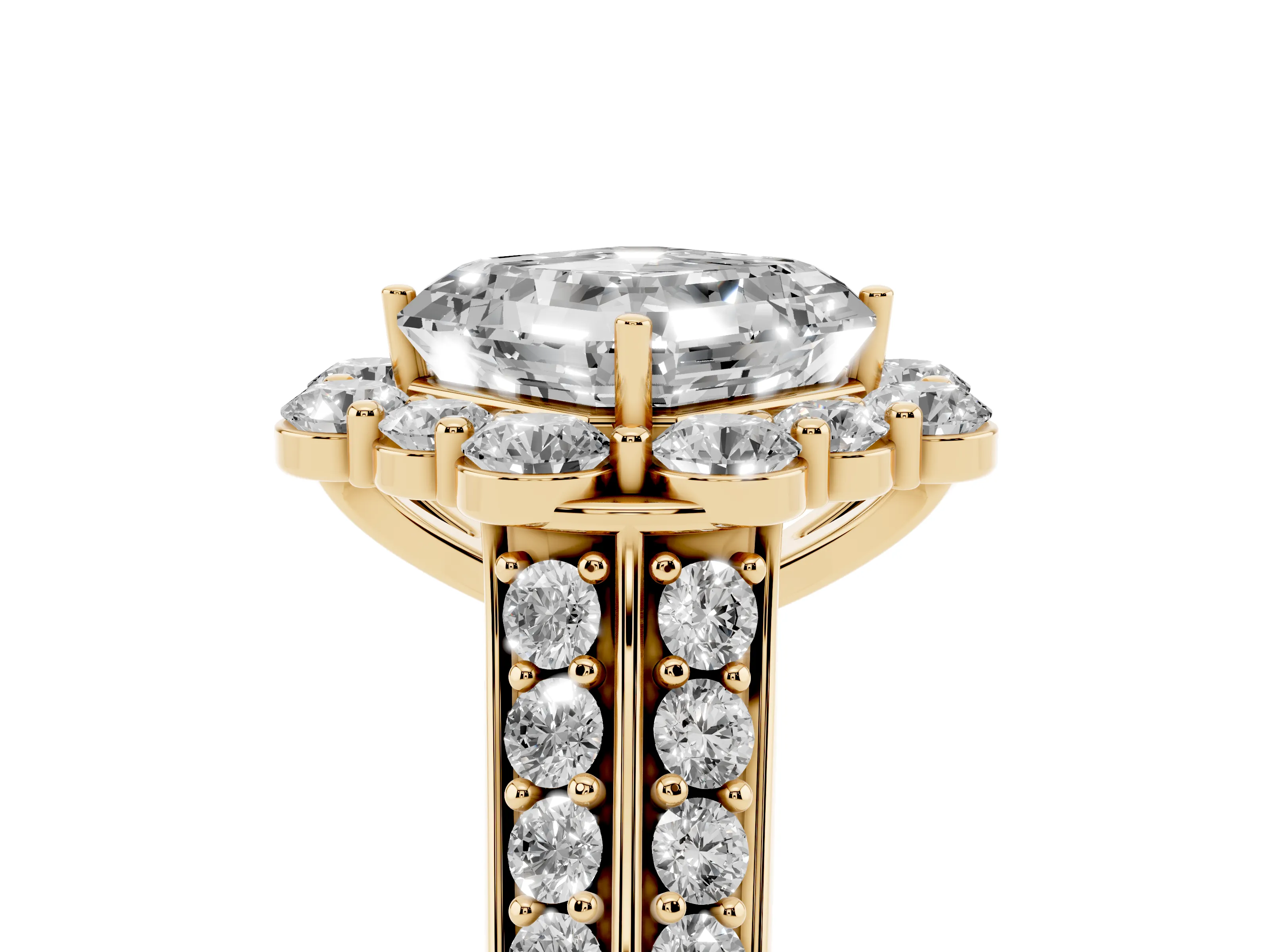 Asscher Cut Diamond Halo Engagement Ring Set in Yellow gold with Split Shank and Prong Setting