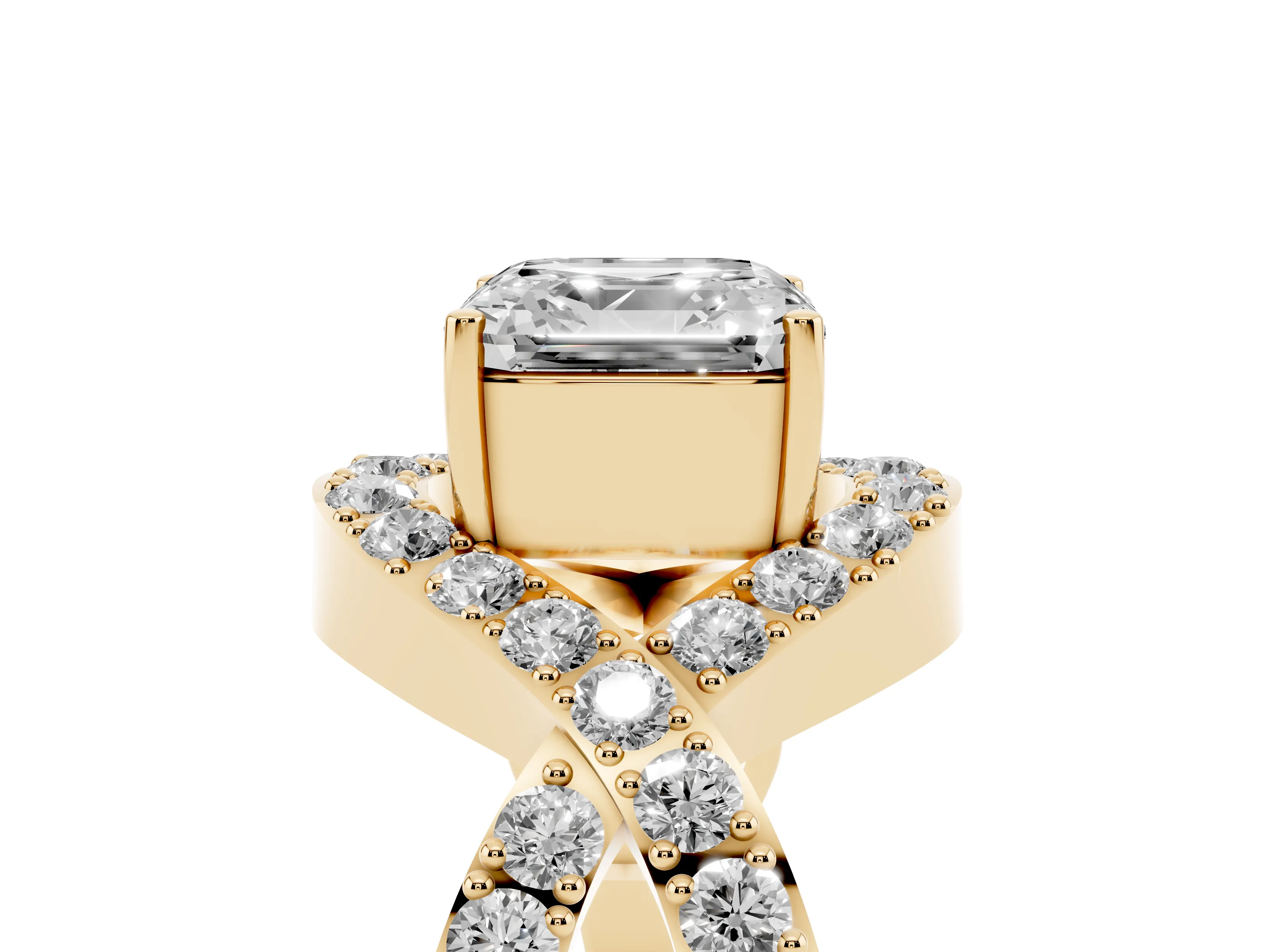 Asscher Cut Diamond Solitaire Twist Band Pavé Engagement Ring Set in Yellow gold