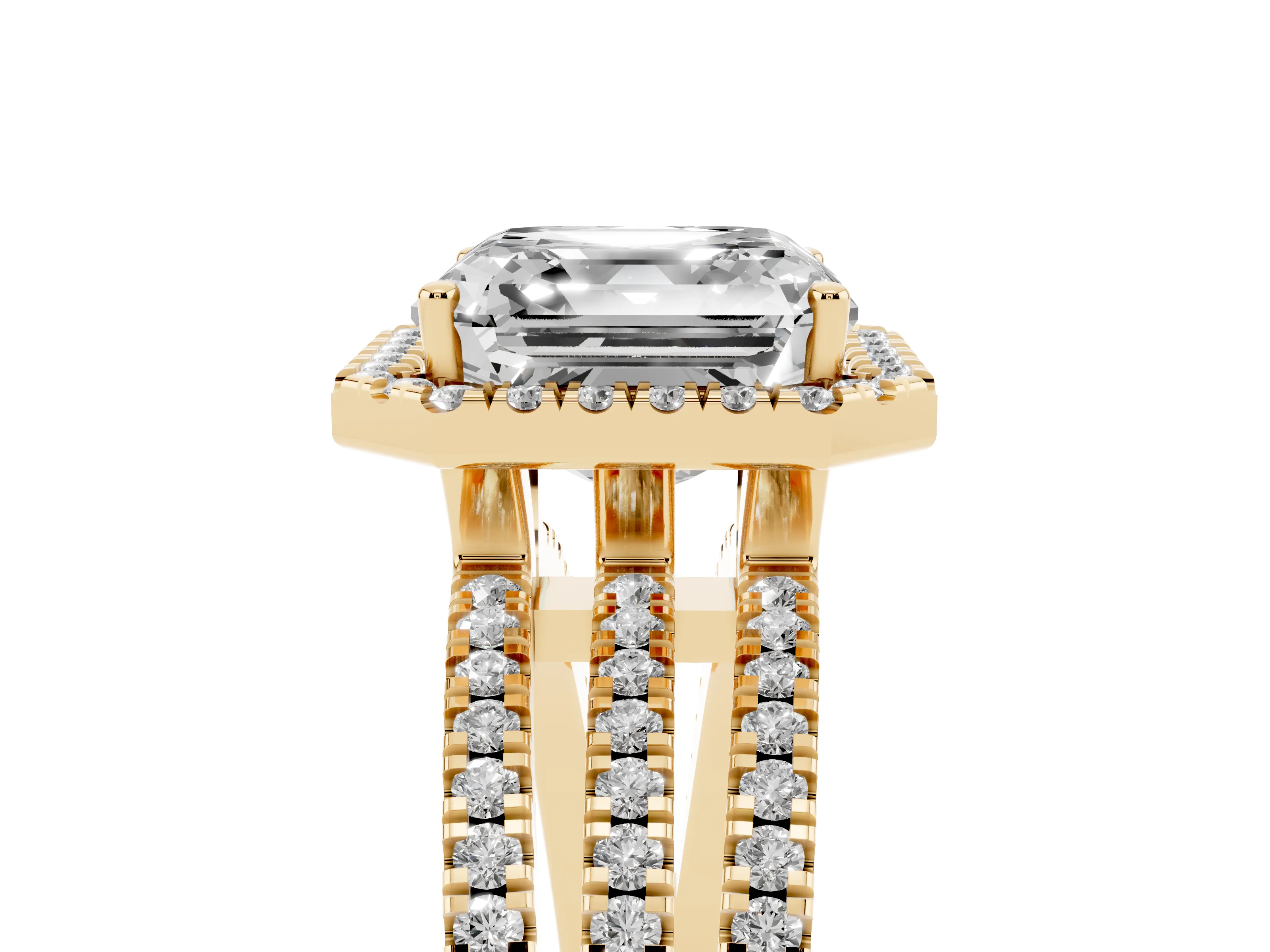 Asscher Cut Diamond Halo Split Shank Engagement Ring Set in Yellow gold with Prong Setting
