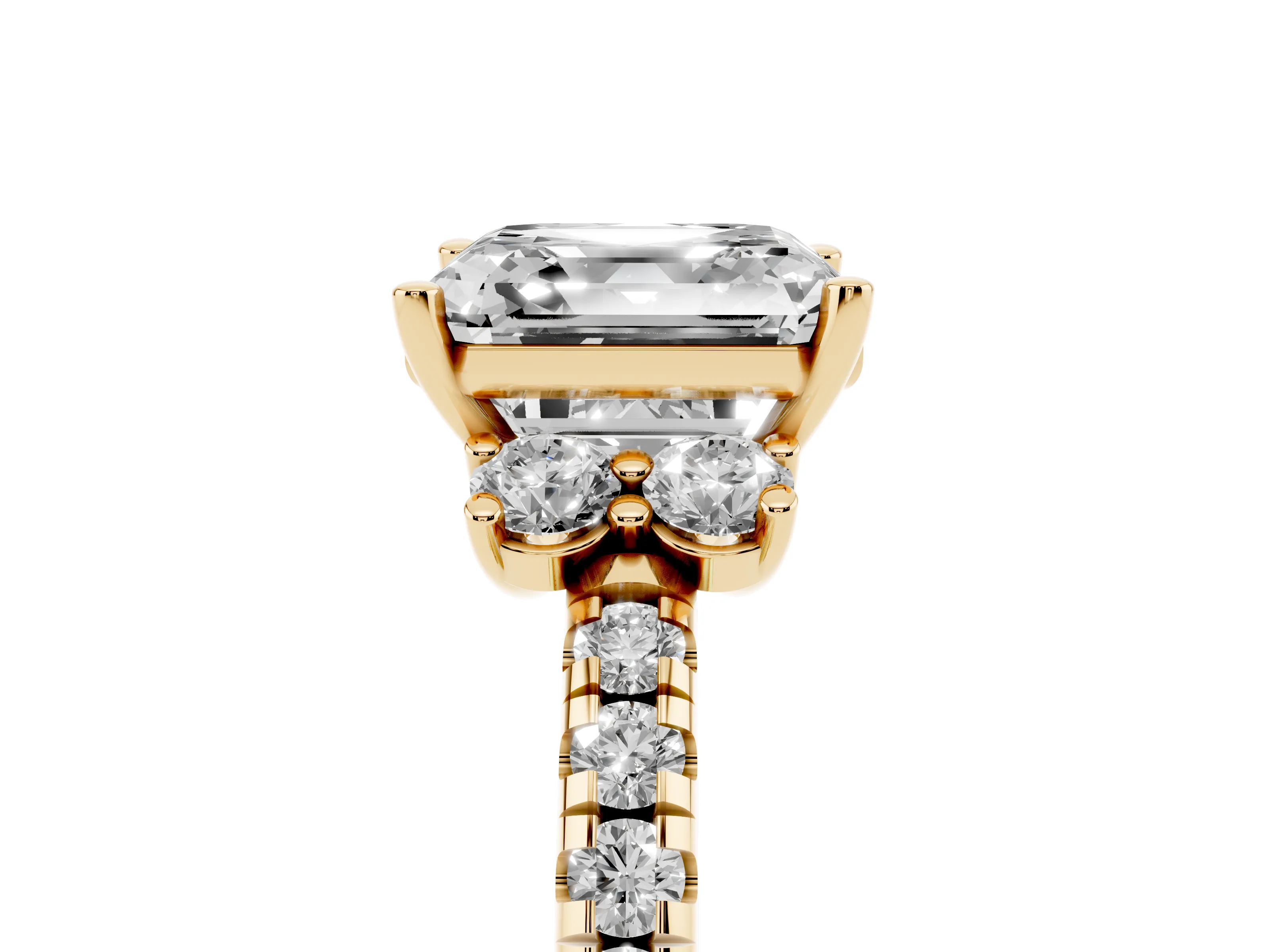 Asscher Cut Diamond Three-Stone Pavé Ring Set in Yellow gold with Prong Setting