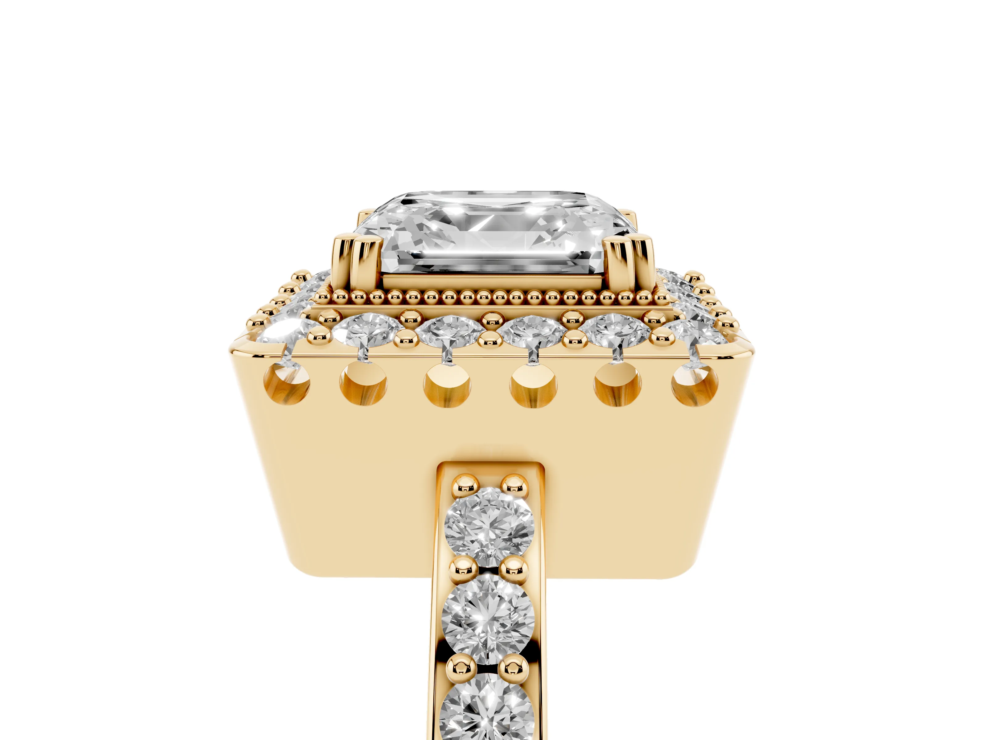 Asscher Cut Diamond Halo Ring Set in Yellow gold with Pavé Shank and Prong Setting