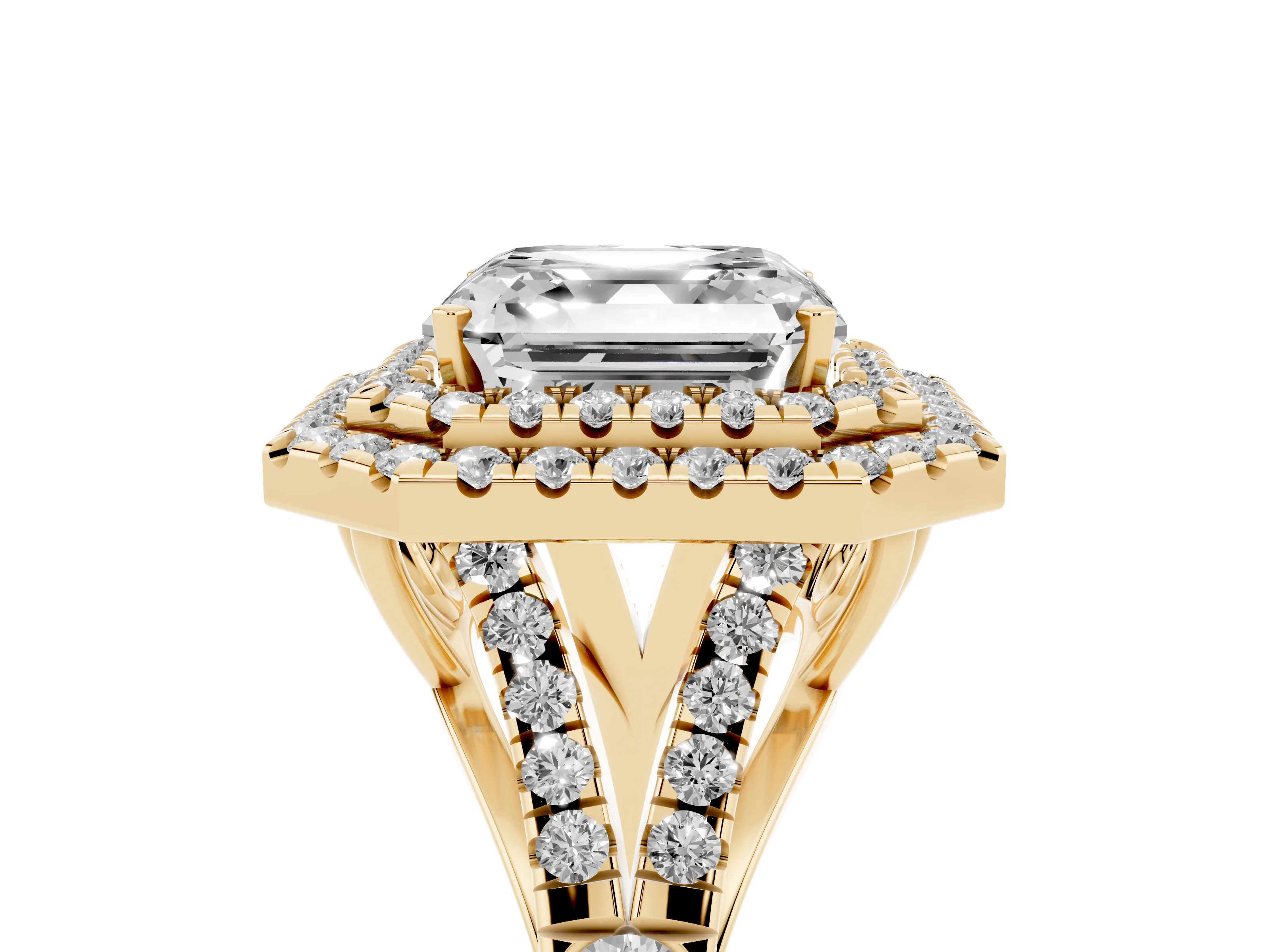 Asscher Cut Diamond Pavé Split Shank Double Halo Engagement Ring Set in Yellow gold