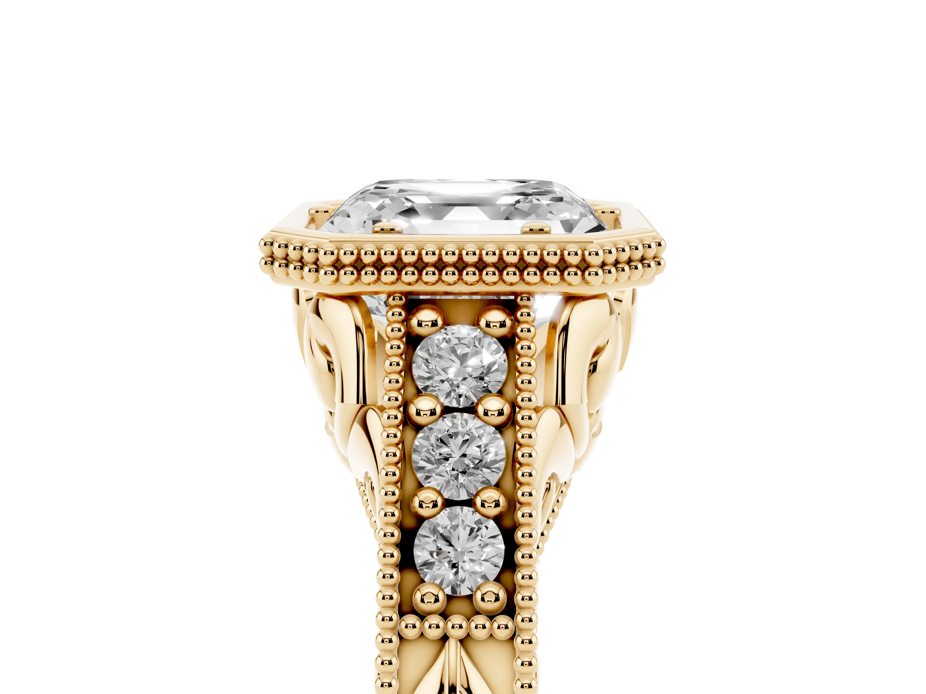 Bezel Set Asscher Cut Diamond Milgrain Pavé Engagement Ring Set in Yellow gold