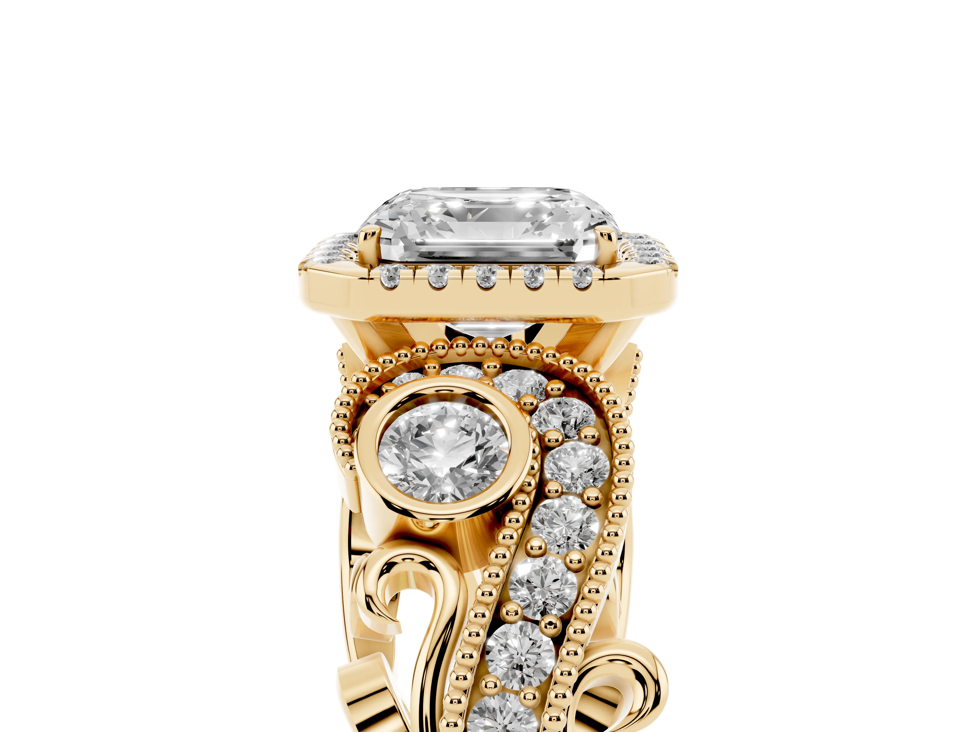 Asscher Cut Diamond Halo Ring Set in Yellow gold with Milgrain Pavé Band and Prong Setting