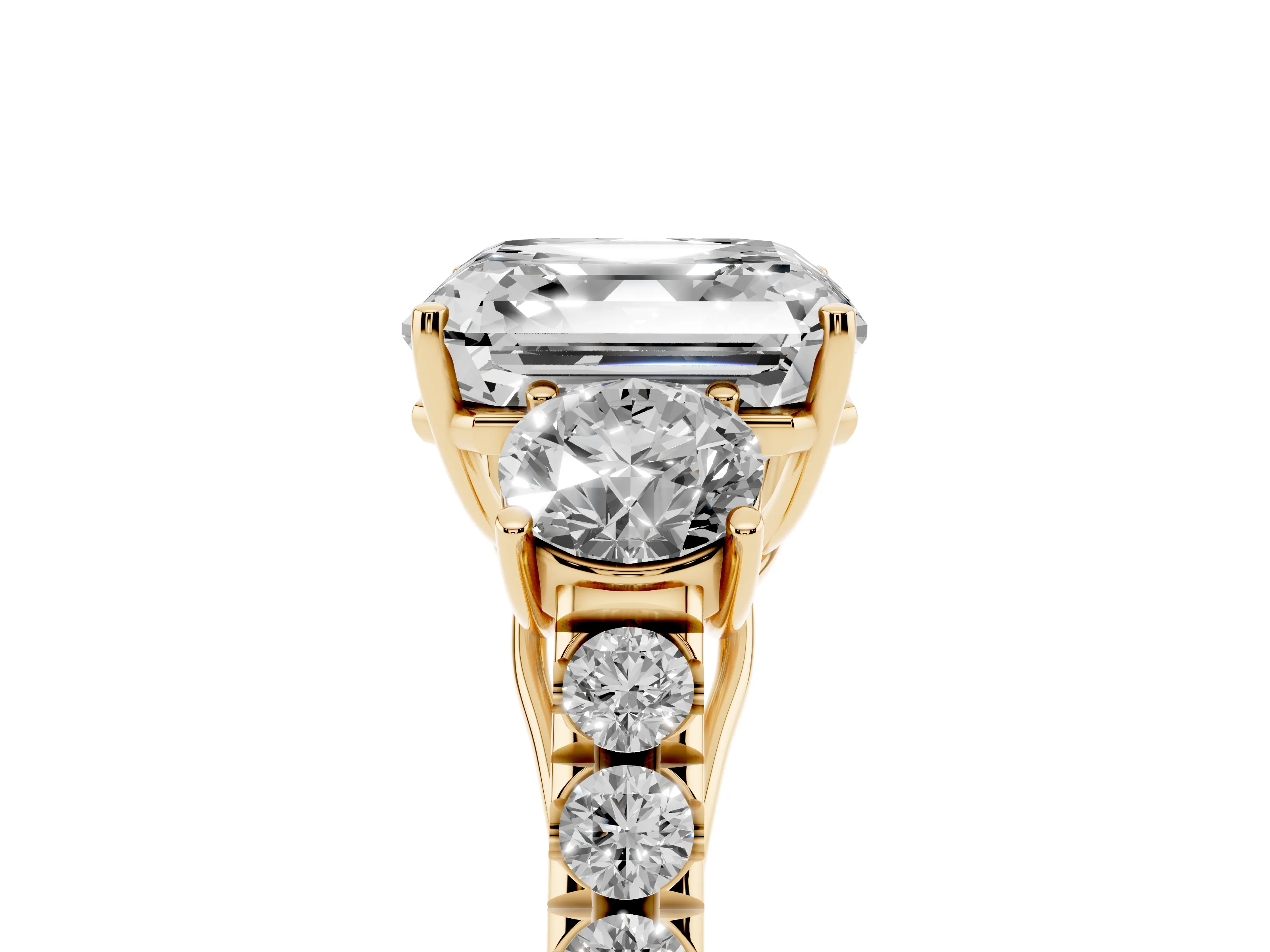 Asscher Cut Diamond Three-Stone Ring Set in Yellow gold with Round Side Stones and Delicate Pavé Band