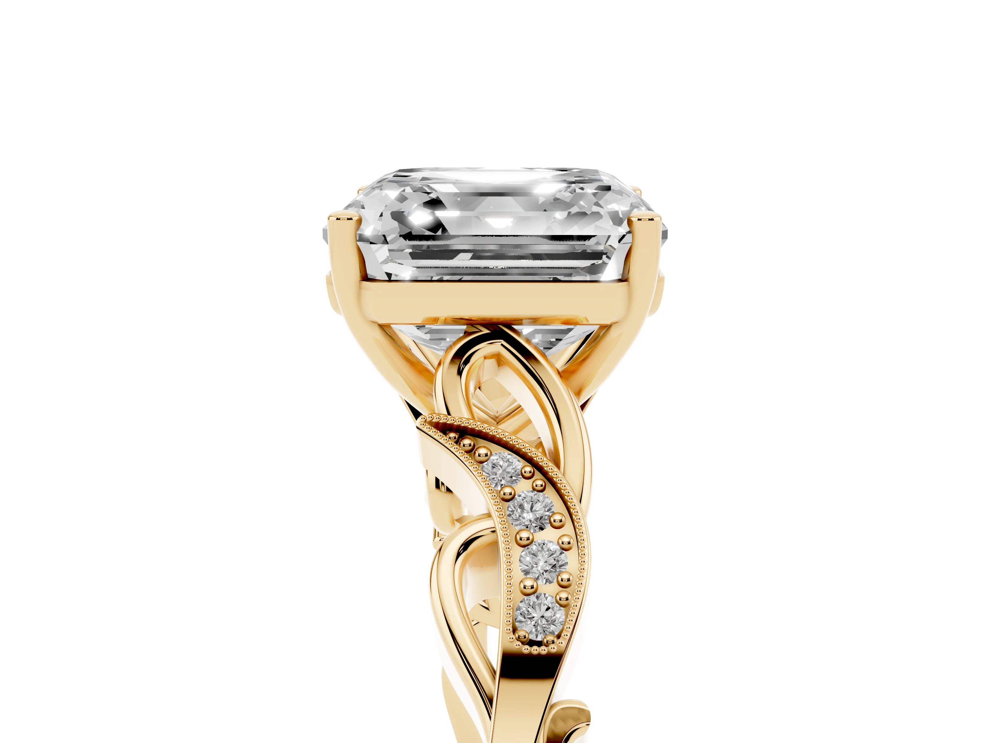 Asscher Cut Diamond Vine Band Solitaire Ring Set in Yellow gold with Milgrain Prong Setting