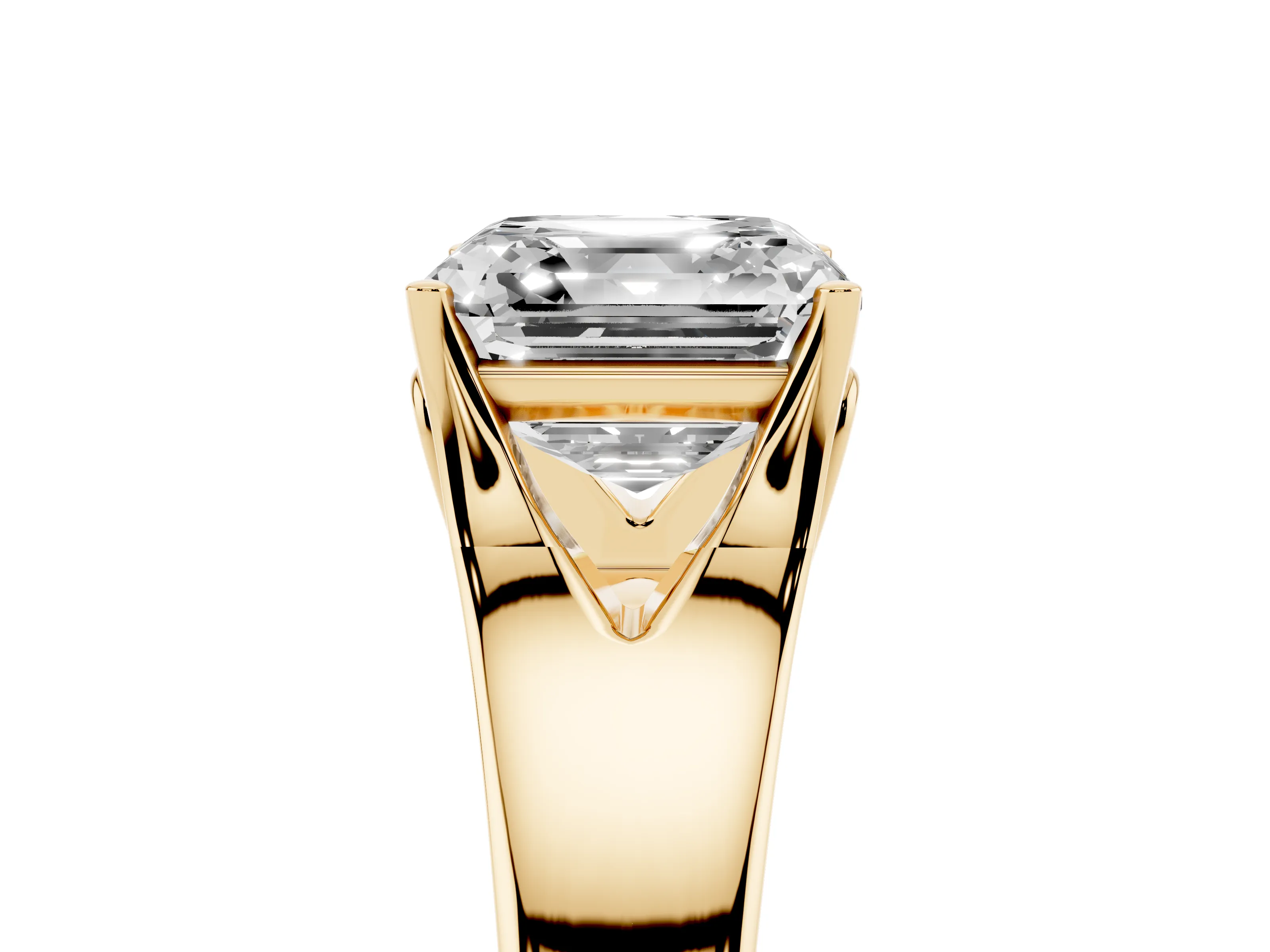 Asscher Cut Diamond Solitaire Ring Set in Yellow gold with Arched Cathedral Band and Prong Setting