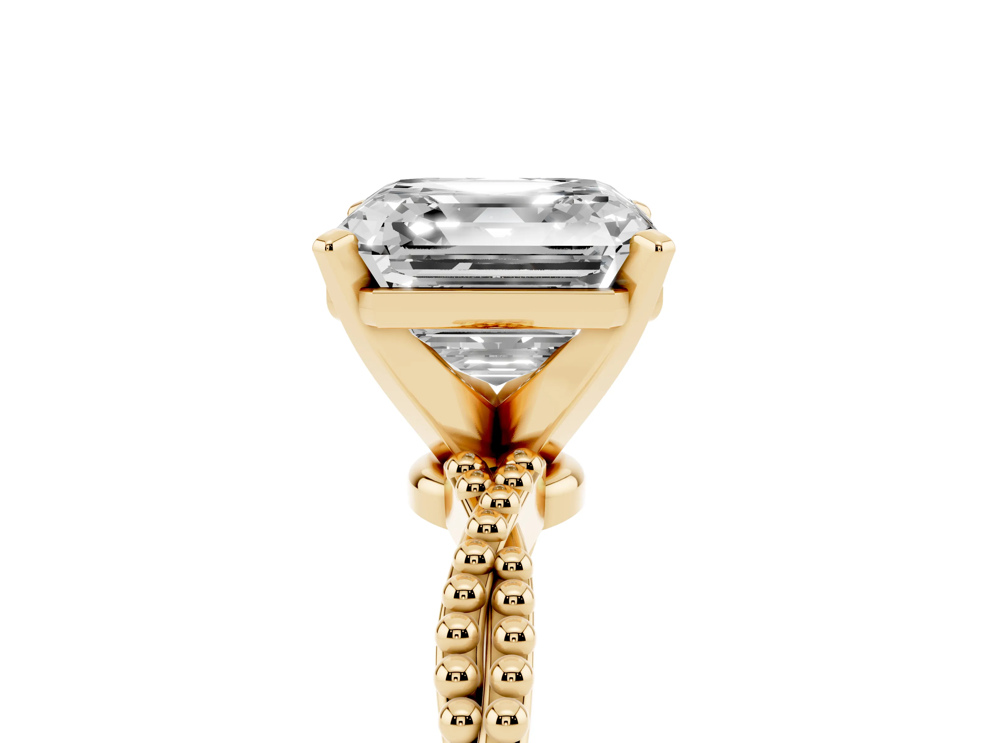 Asscher Cut Diamond Solitaire Ring Set in Yellow gold with Twisted Band and Bead Prong Setting