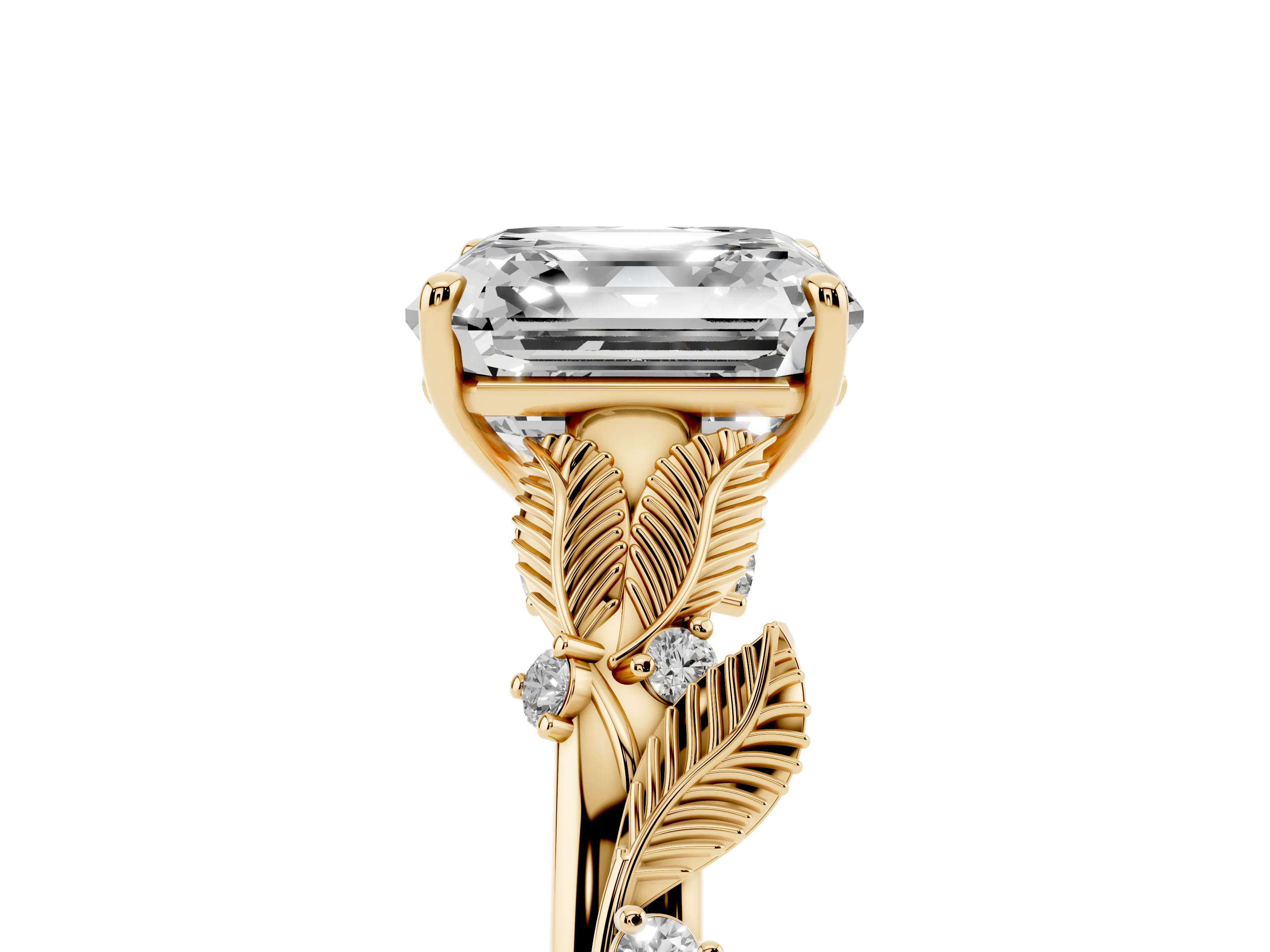 Asscher Cut Diamond Solitaire Ring Set in Yellow gold with Leaf Motif Band