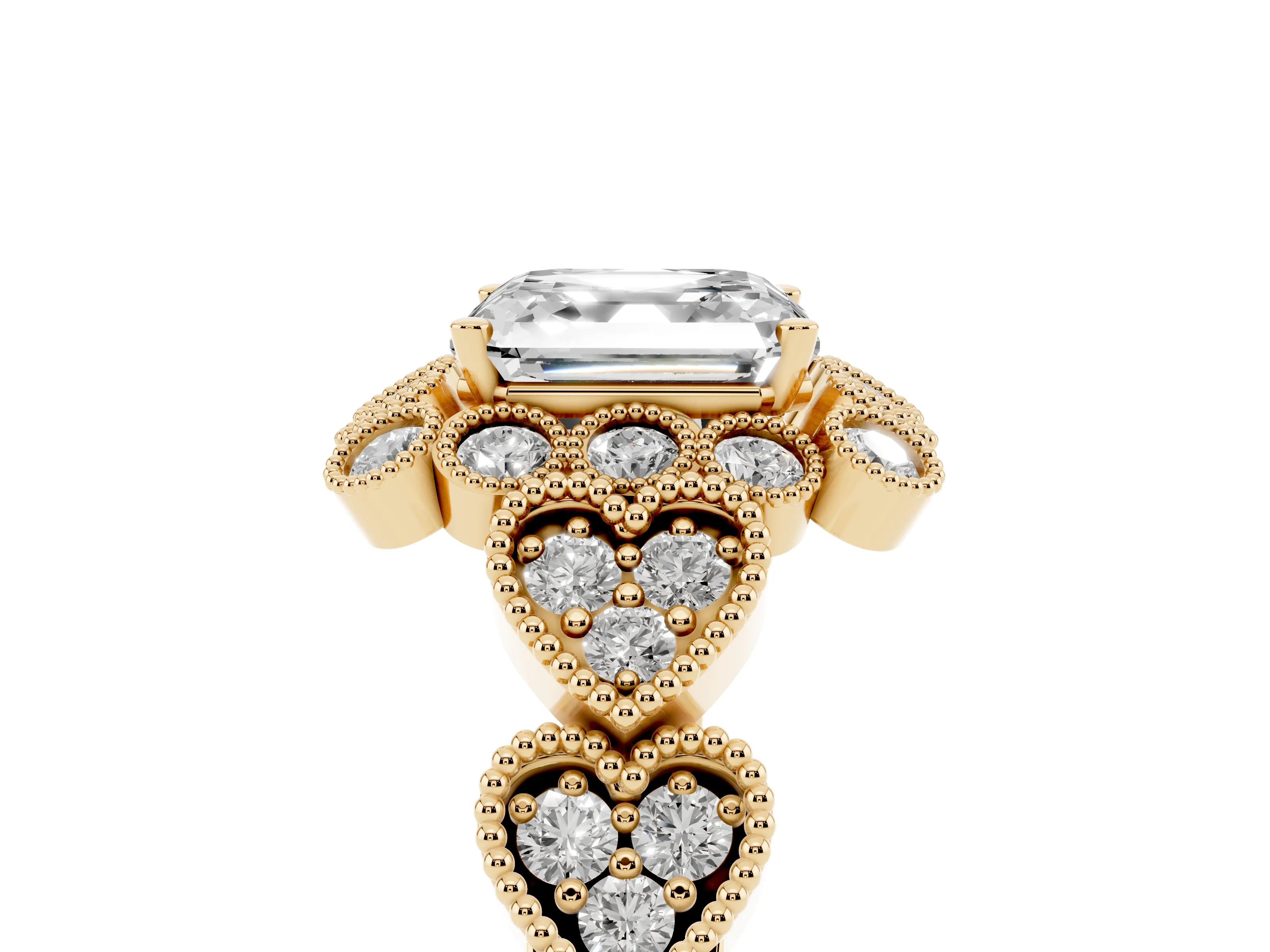 Asscher Cut Diamond Solitaire Ring Set in Yellow gold with Milgrain Pavé Heart Band