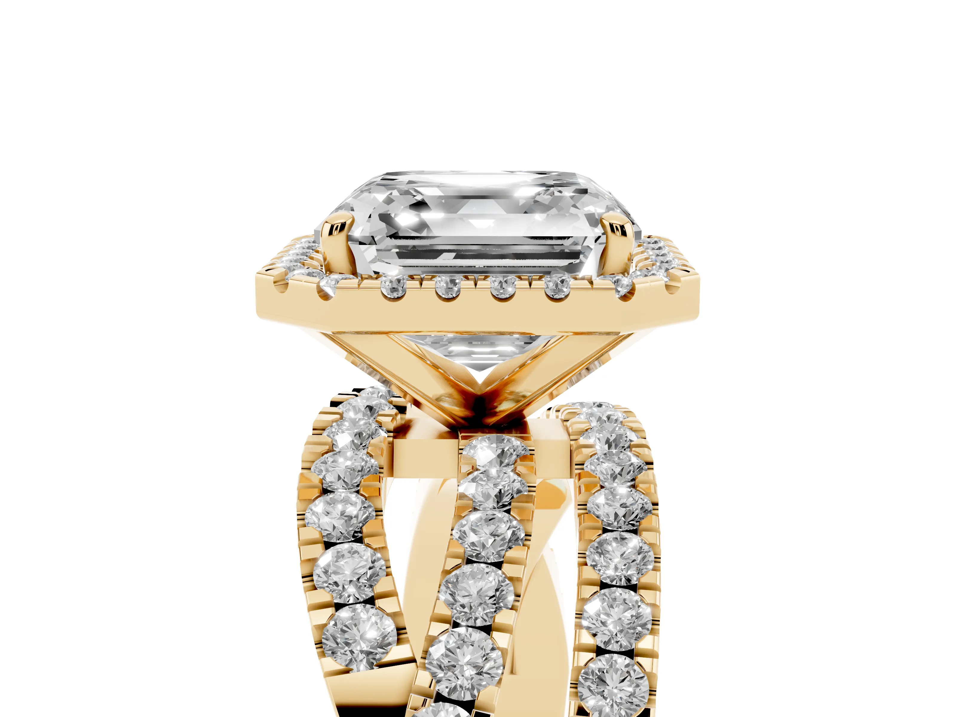 Asscher Cut Diamond Halo Ring Set in Yellow gold with Round Crossover Split Shank and Prong Setting