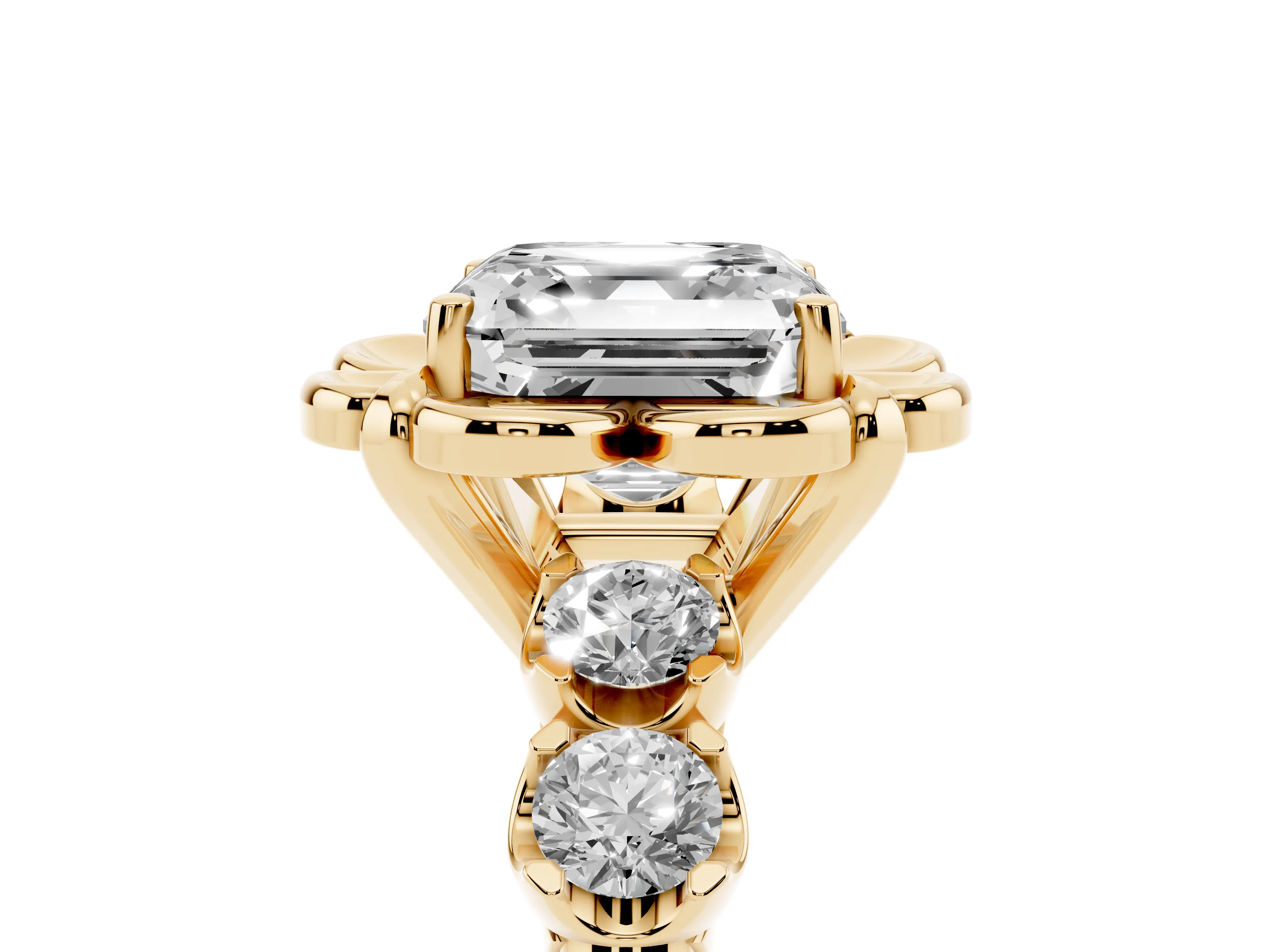 Asscher Cut Diamond Floral Halo Ring Set in Yellow gold with Shared Prong Band