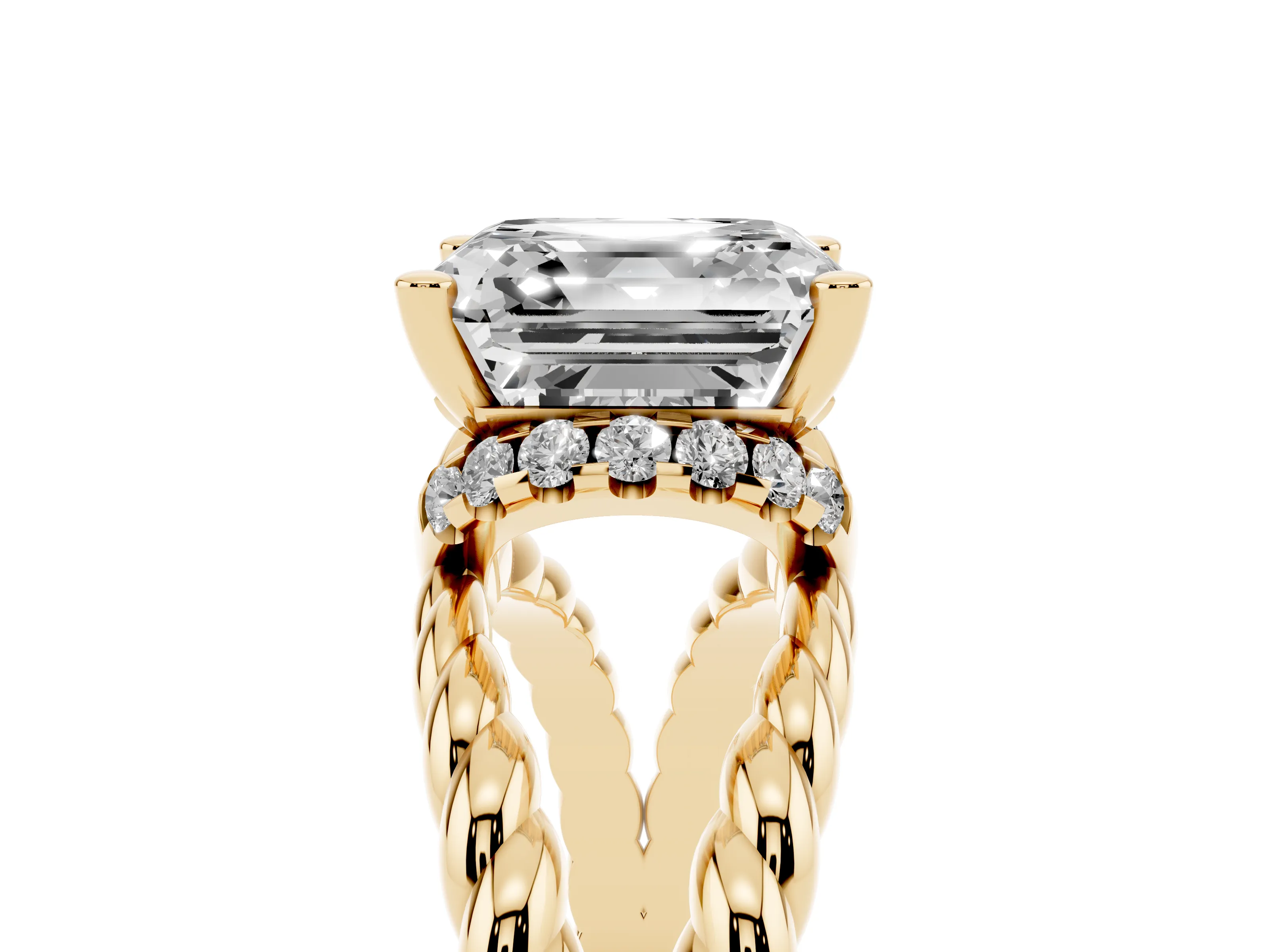 Asscher Cut Diamond Halo Ring Set in Yellow gold with Twisted Band and Prong Setting