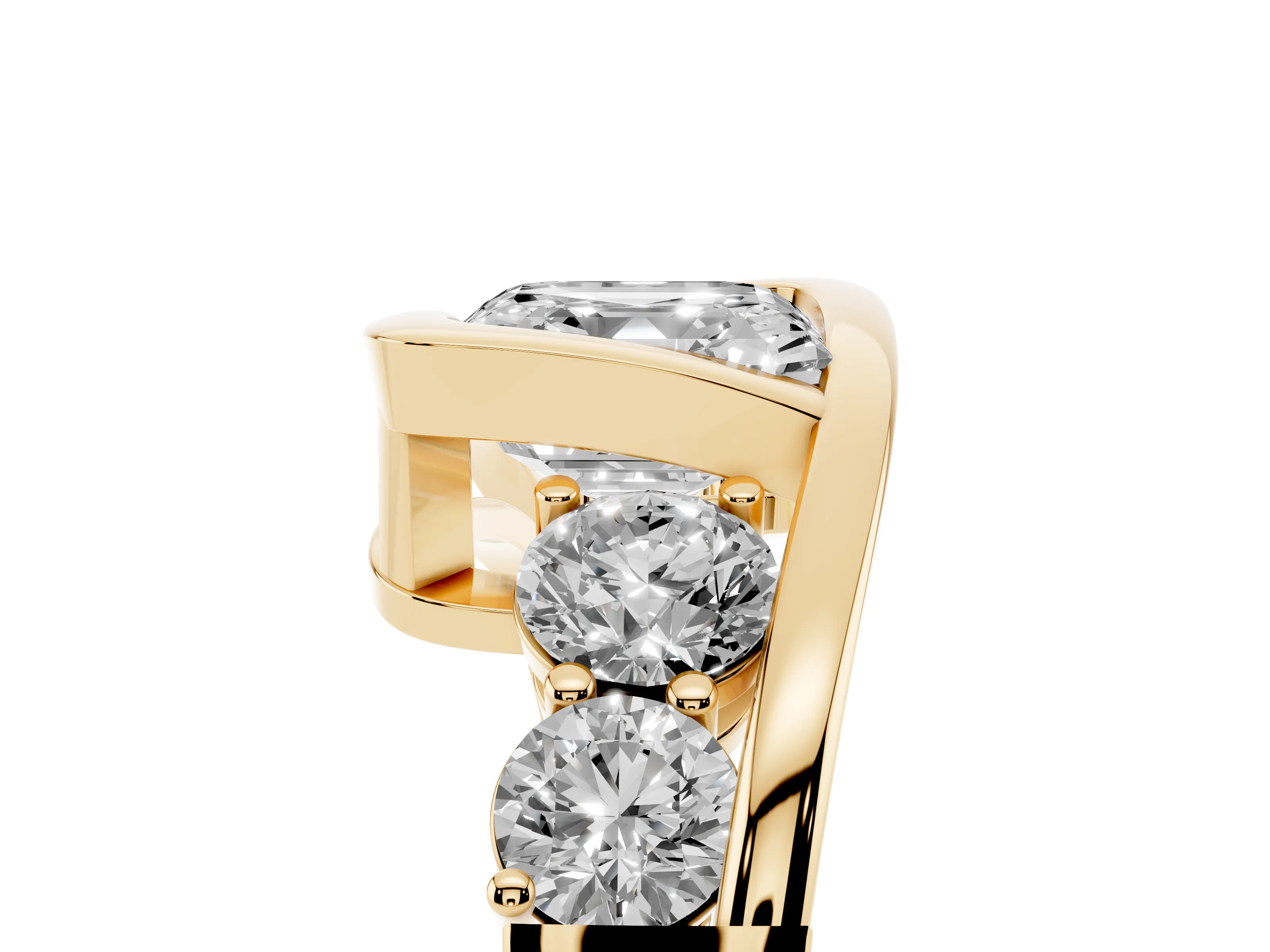 Asscher Cut Diamond Bezel Bypass Ring Set in Yellow gold with Round Accents